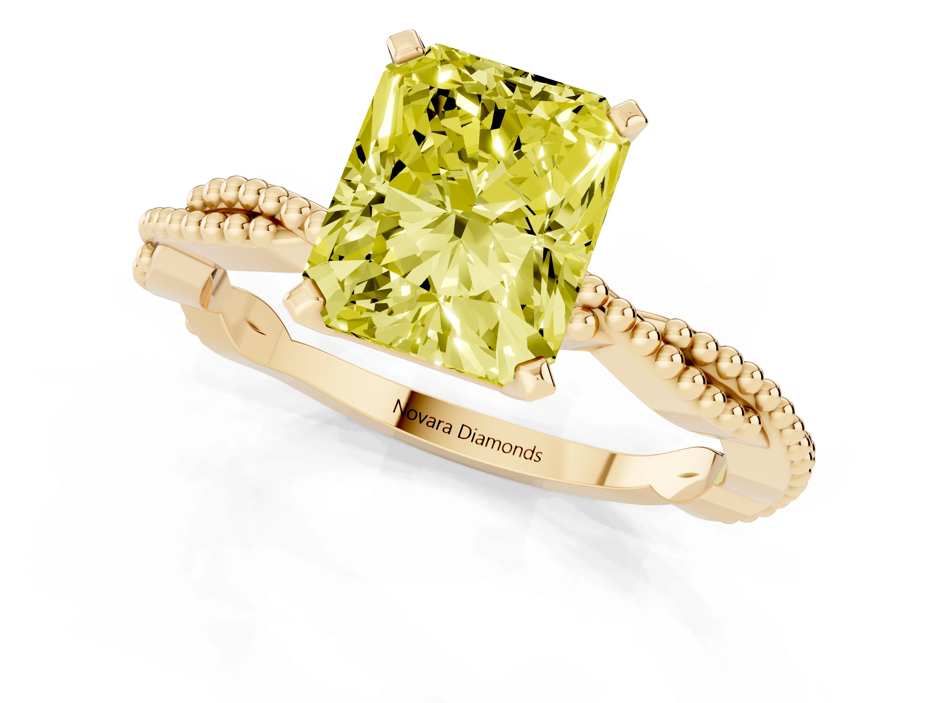 Fancy Yellow Radiant Cut Diamond Solitaire Ring Set in Yellow gold with Twisted Band and Bead Prong Setting