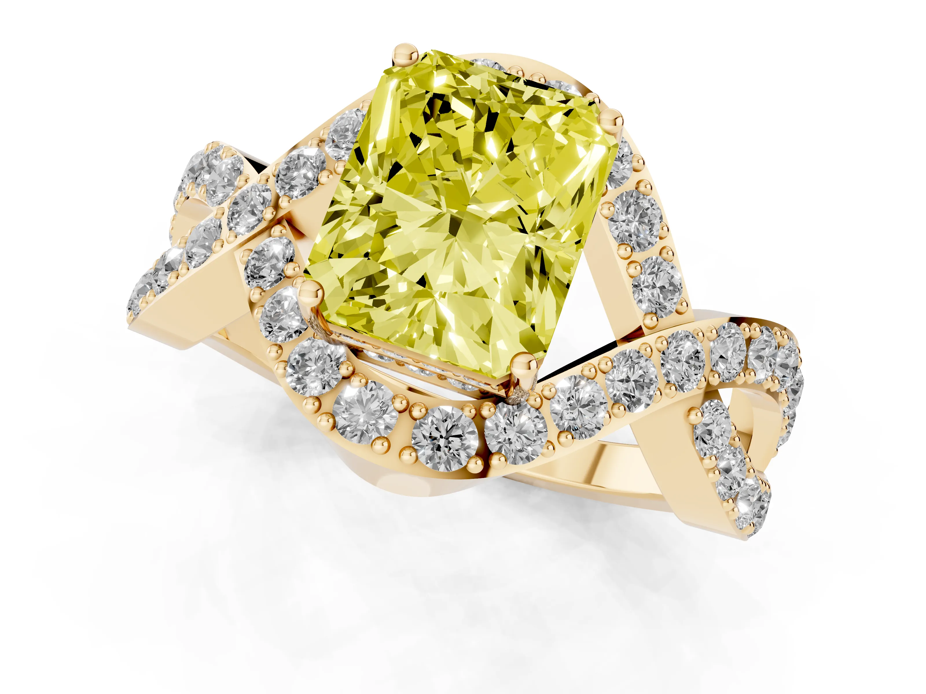 Fancy Yellow Radiant Cut Diamond Solitaire Twist Band Pavé Engagement Ring Set in Yellow gold
