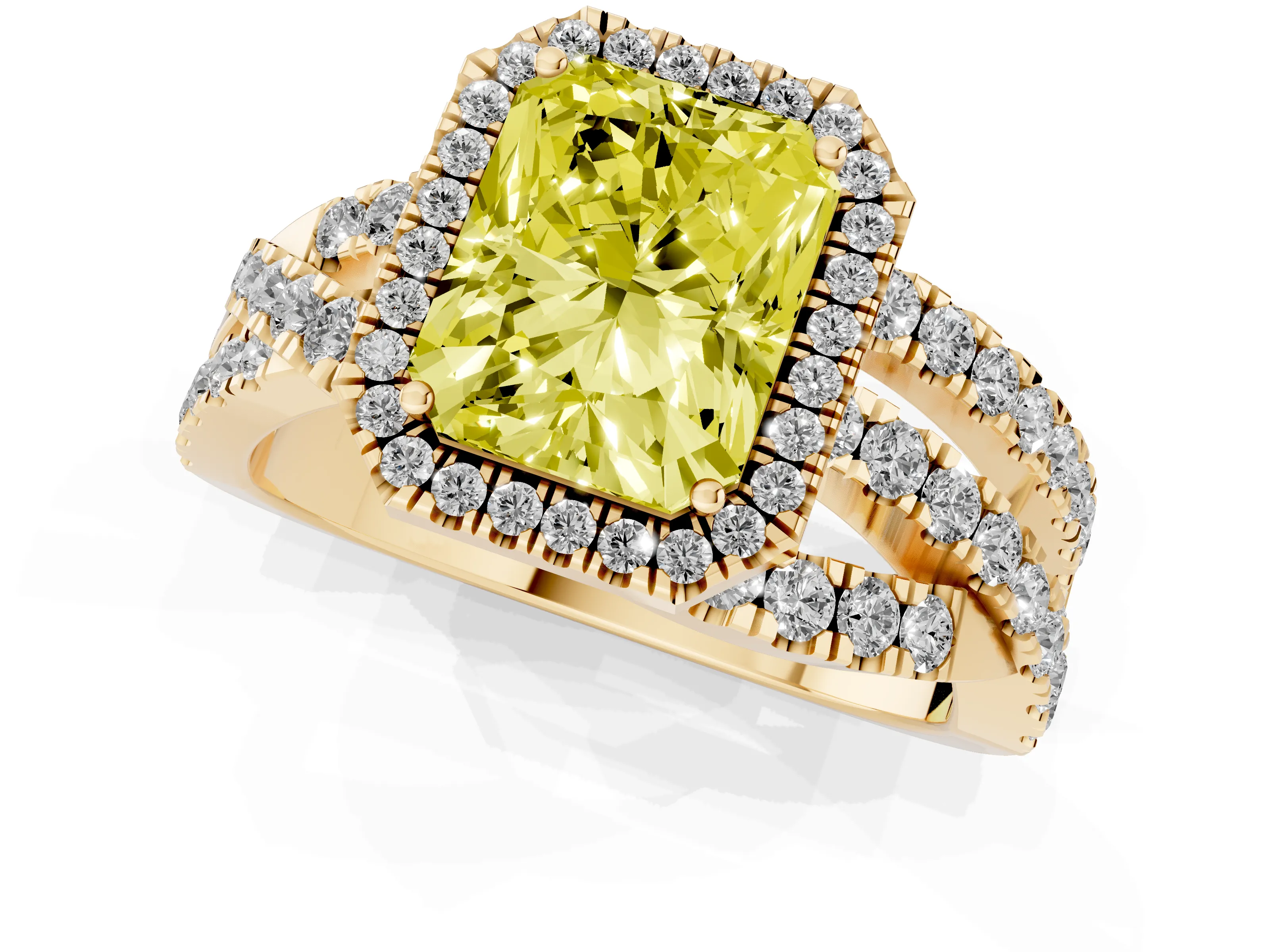 Fancy Yellow Radiant Cut Diamond Halo Ring Set in Yellow gold with Round Crossover Split Shank and Prong Setting