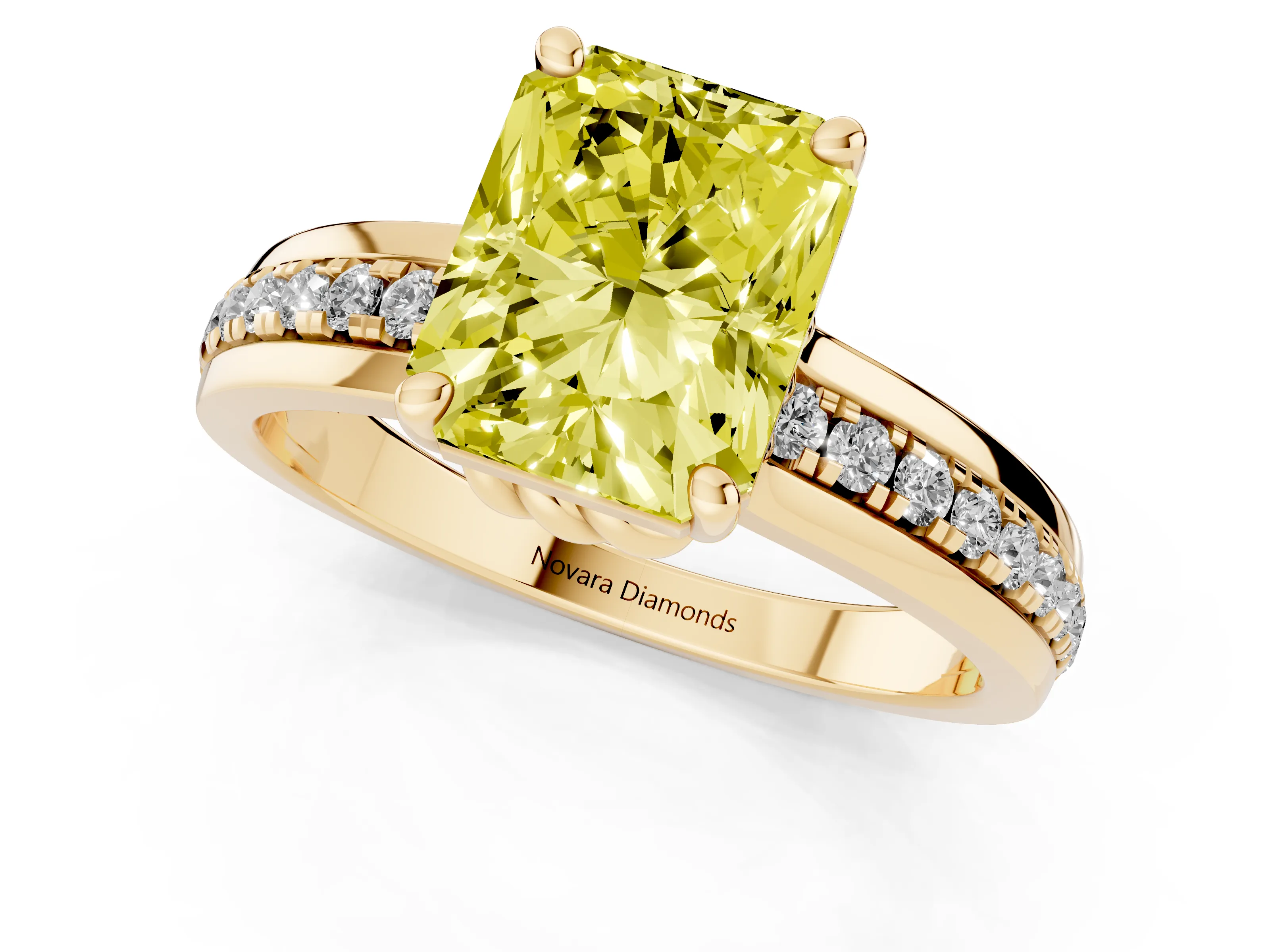 Fancy Yellow Radiant Cut Diamond Solitaire Ring Set in Yellow gold with Channel Set Band and Prong Setting