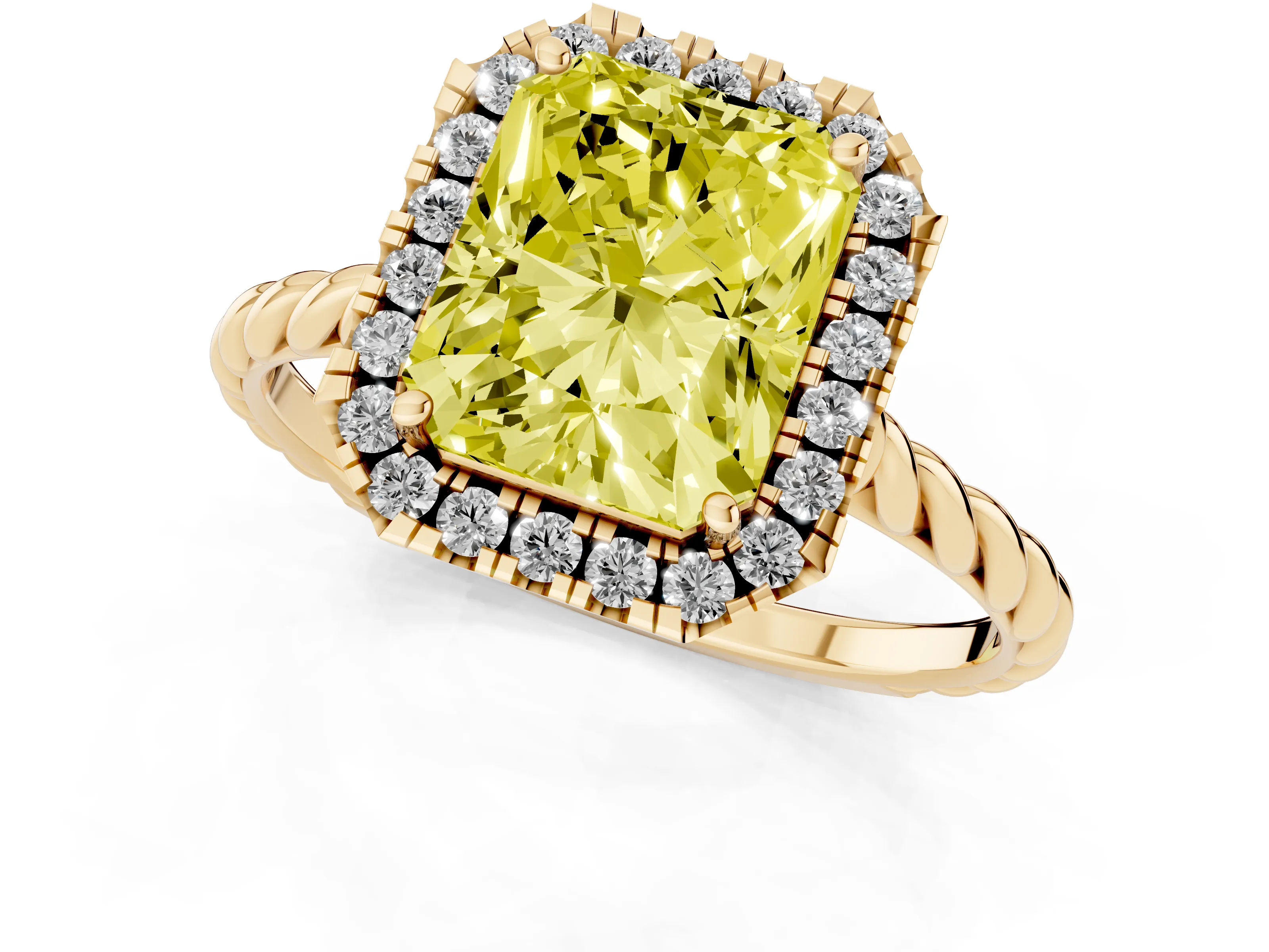 Fancy Yellow Radiant Cut Diamond Halo Ring Set in Yellow gold with Plain Twisted Band