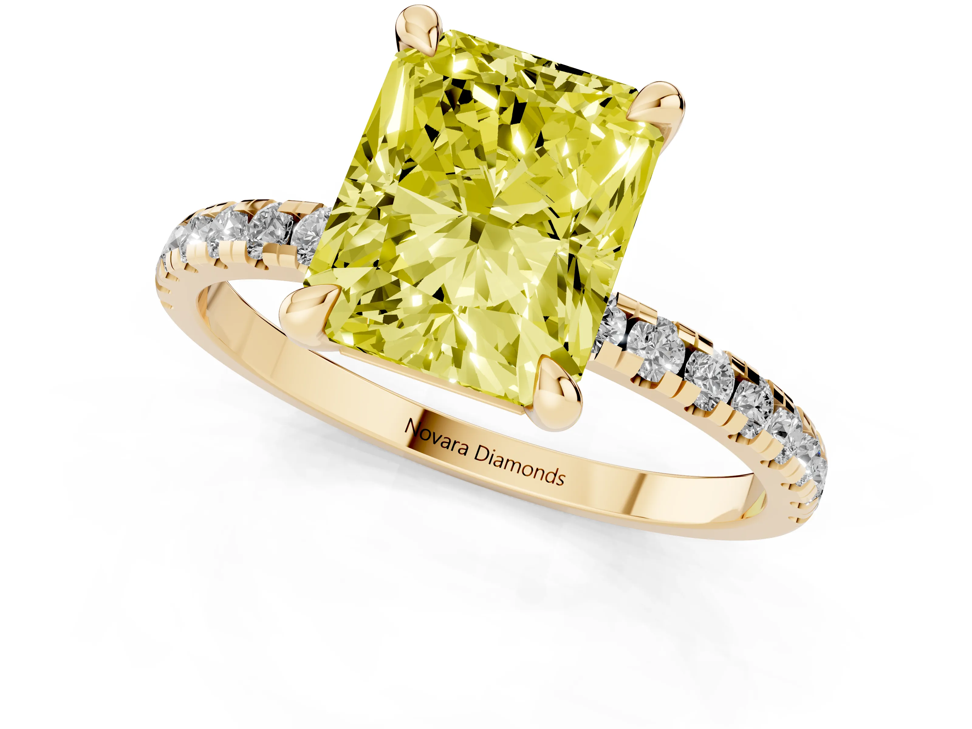 Fancy Yellow Radiant Cut Diamond Brilliant Solitaire Ring Set in Yellow gold with Pavé Band and Prong Setting