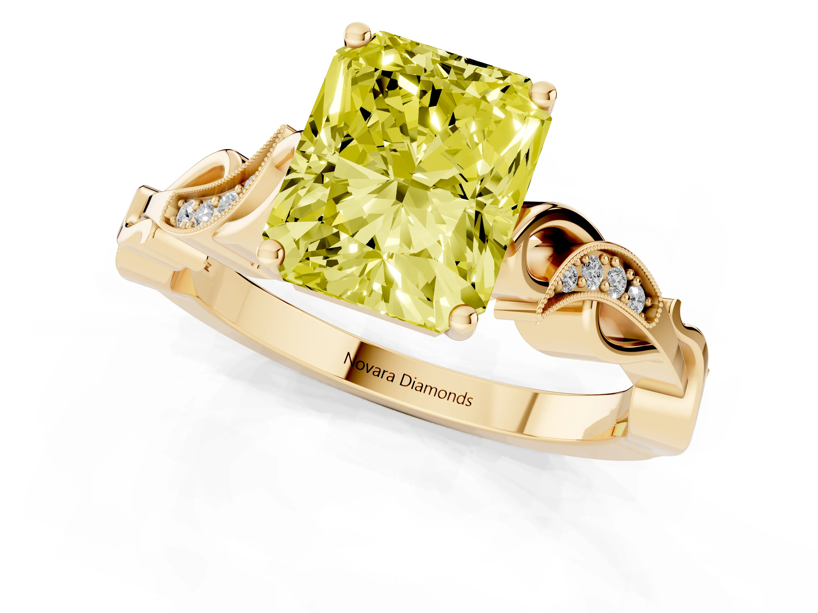 Fancy Yellow Radiant Cut Diamond Vine Band Solitaire Ring Set in Yellow gold with Milgrain Prong Setting