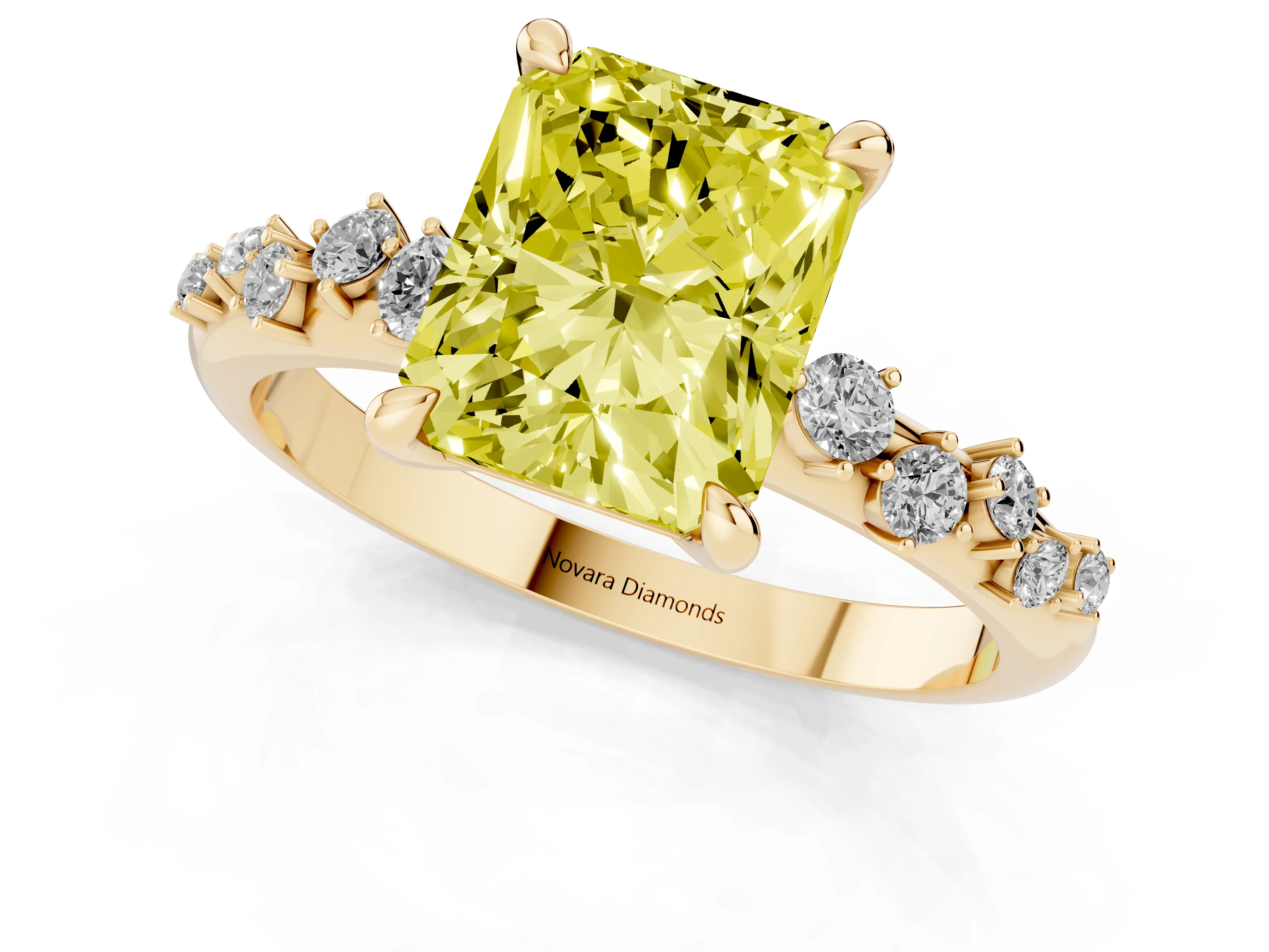 Fancy Yellow Radiant Cut Diamond Solitaire Vine Band Ring Set in Yellow gold with Round Accents and Prong Setting – second view