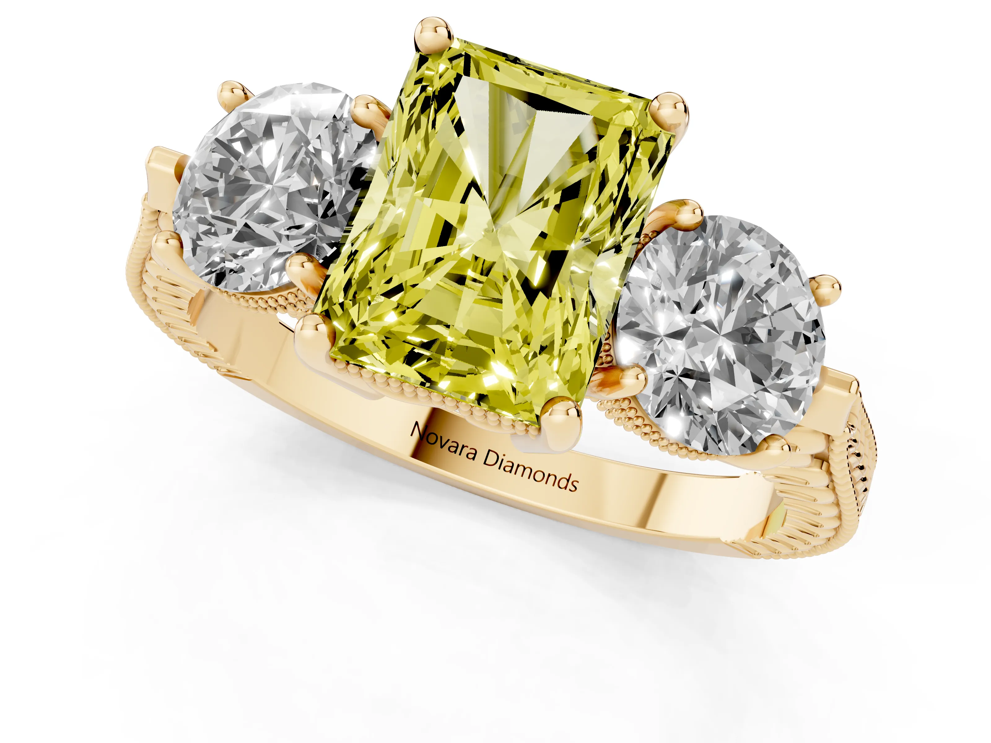 Fancy Yellow Radiant Cut Diamond Three-Stone Ring Set in Yellow gold with Milgrain Band