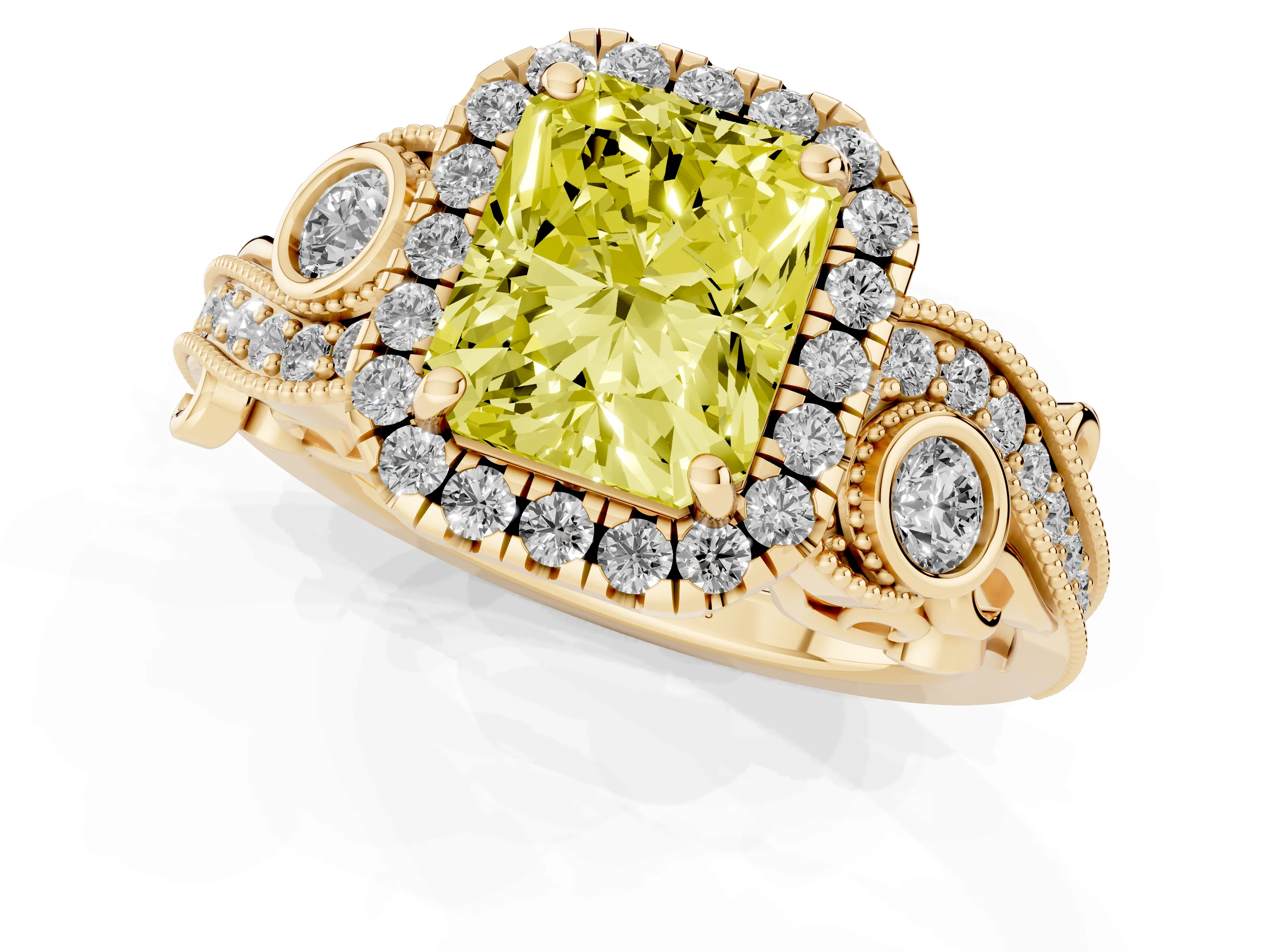 Fancy Yellow Radiant Cut Diamond Halo Ring Set in Yellow gold with Milgrain Pavé Band and Prong Setting