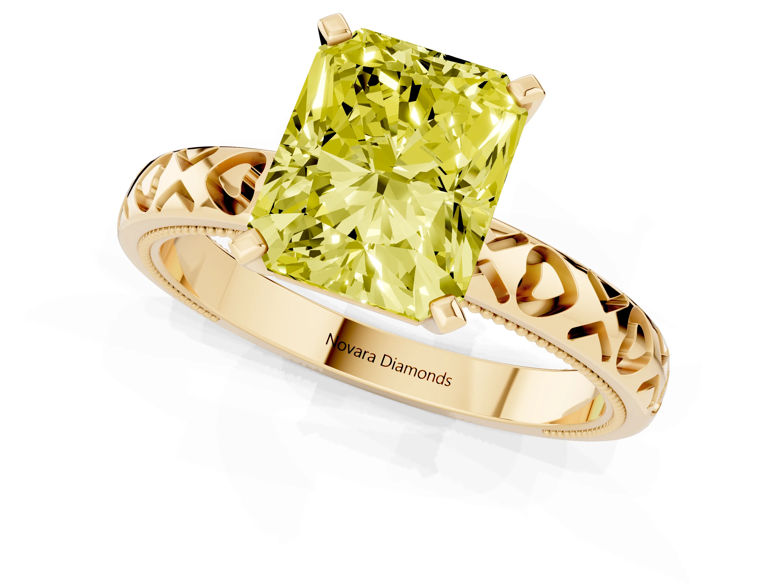 Fancy Yellow Radiant Cut Diamond Solitaire Engagement Ring Set in Yellow gold with XO Engraved Band and Prong Setting