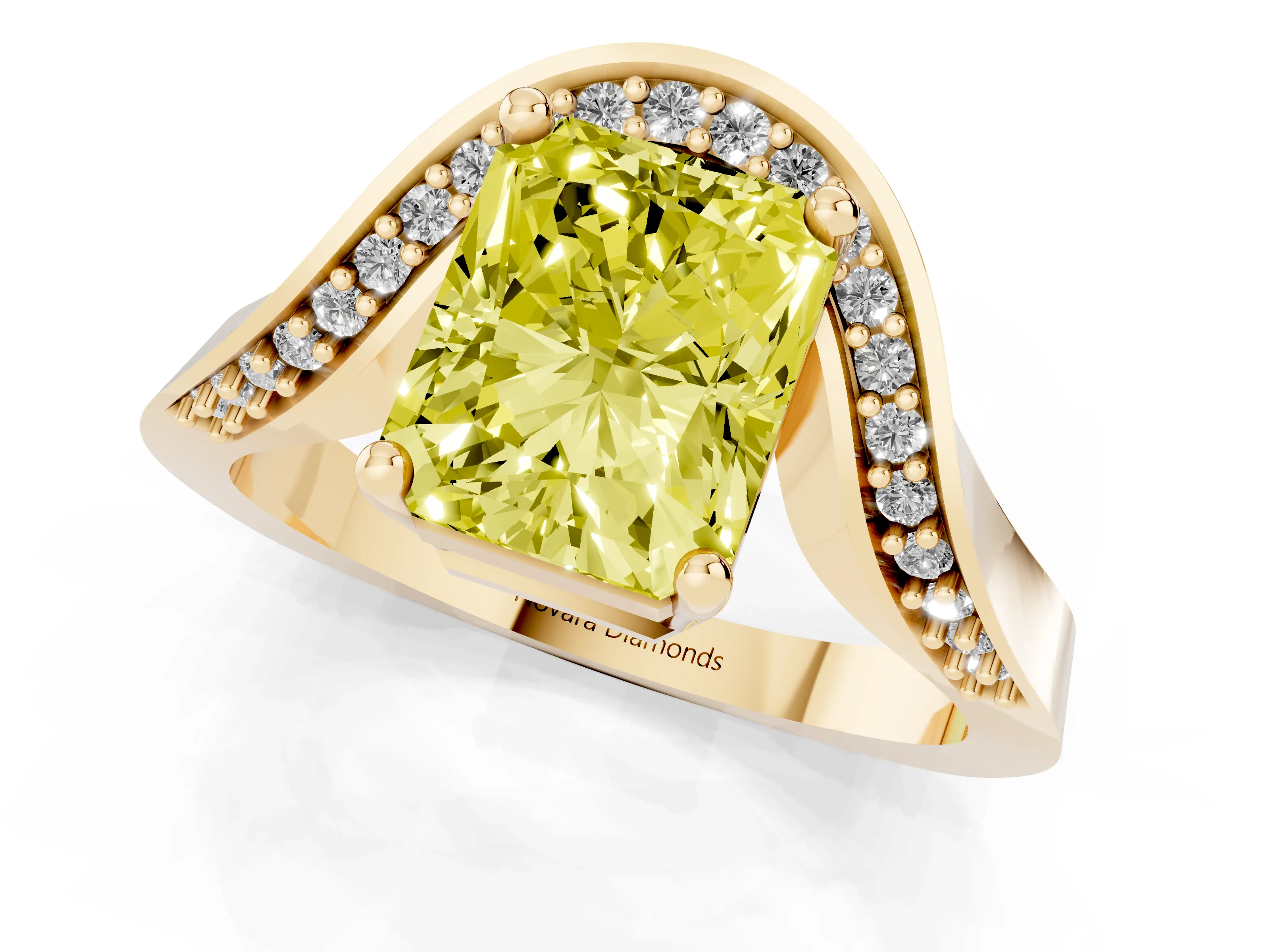 Fancy Yellow Radiant Cut Diamond Solitaire Engagement Ring Set in Yellow gold with Pavé Shoulders