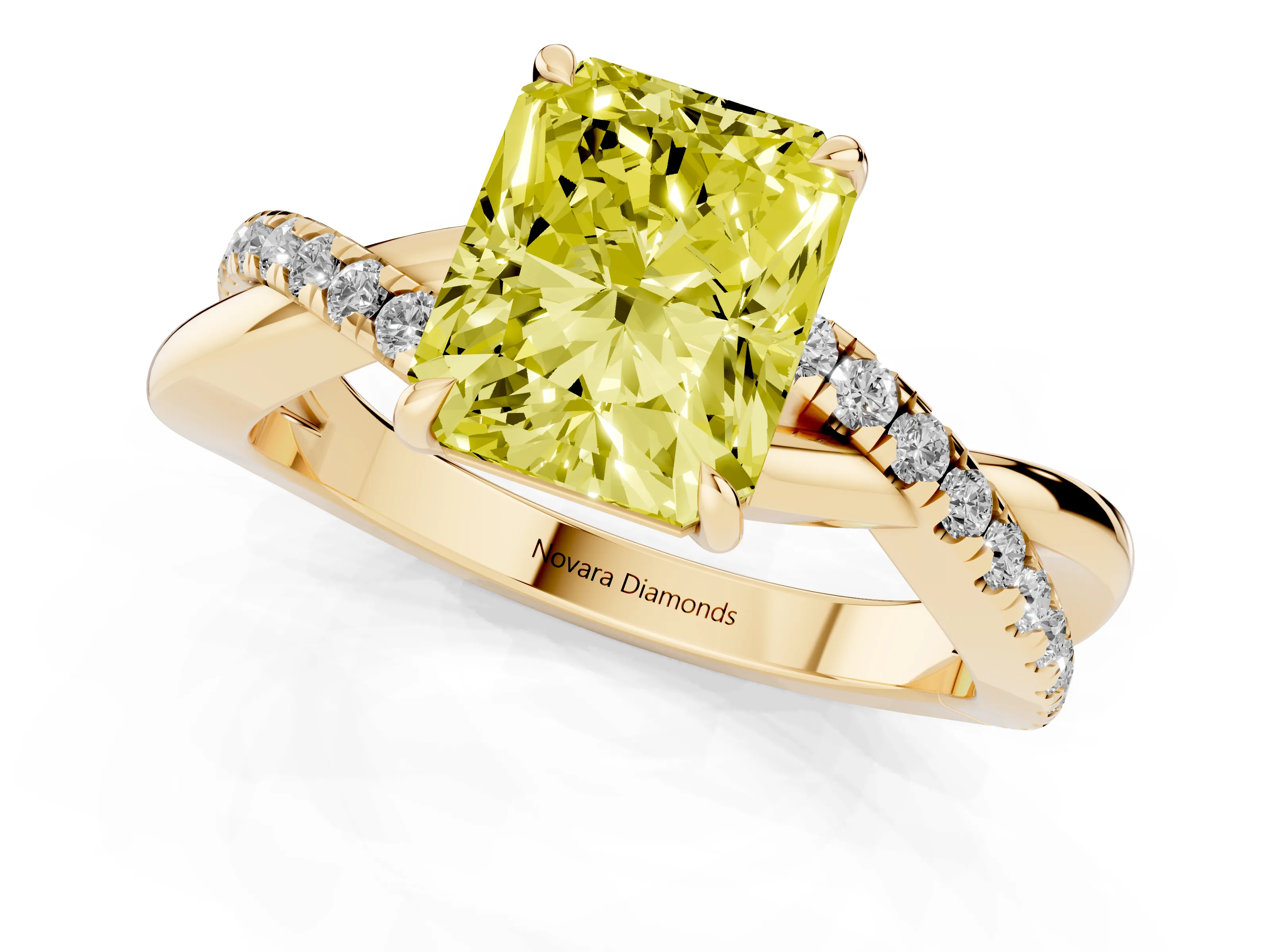 Fancy Yellow Radiant Cut Diamond Twisted Pavé Band Ring Set in Yellow gold with Prong Setting