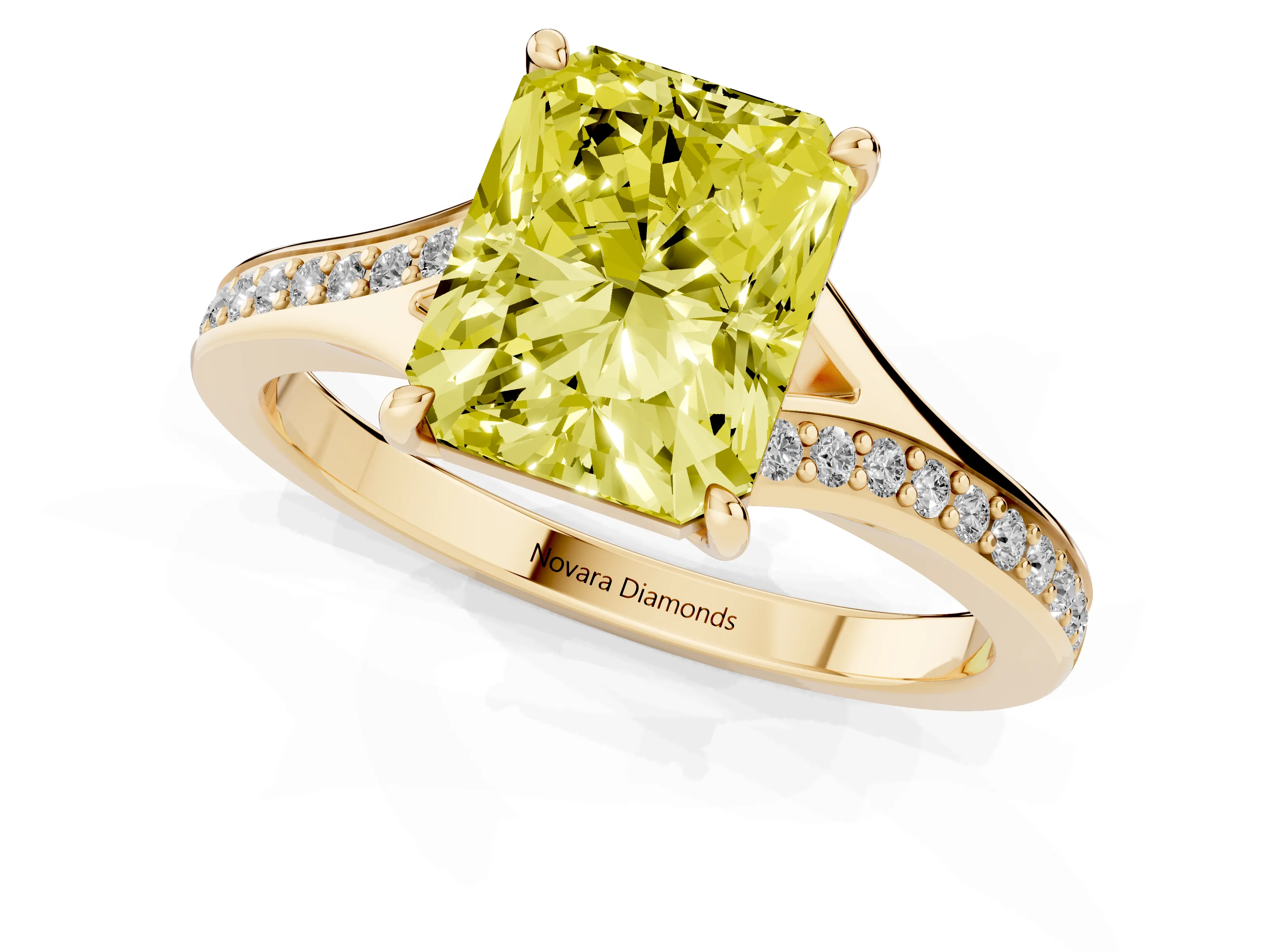 Fancy Yellow Radiant Cut Diamond Solitaire Ring Set in Yellow gold with Pavé Accent Band and Classic Prong Setting