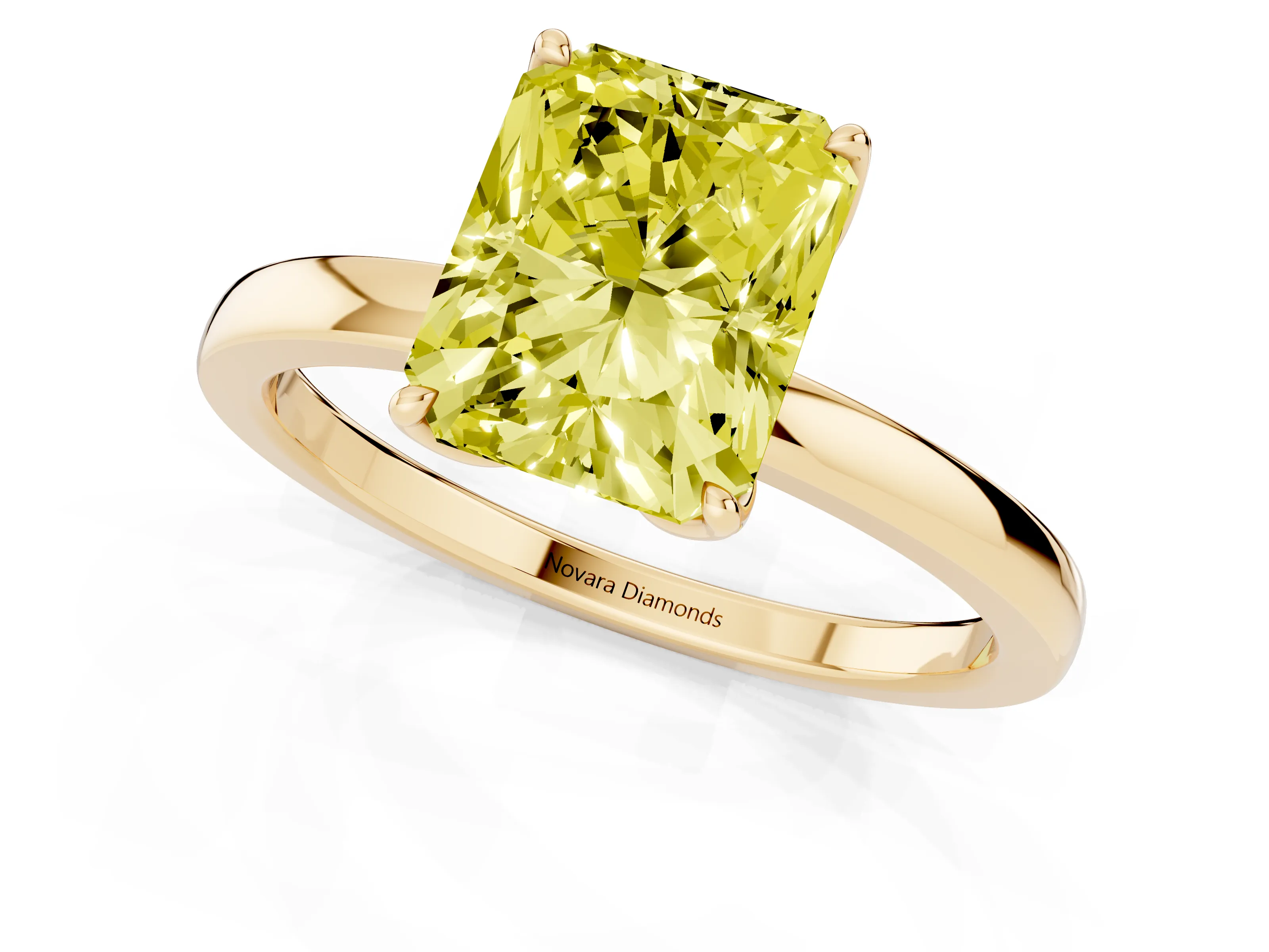Fancy Yellow Radiant Cut Diamond Solitaire Ring Set in Yellow gold with Prong Setting and Thin Polished Band