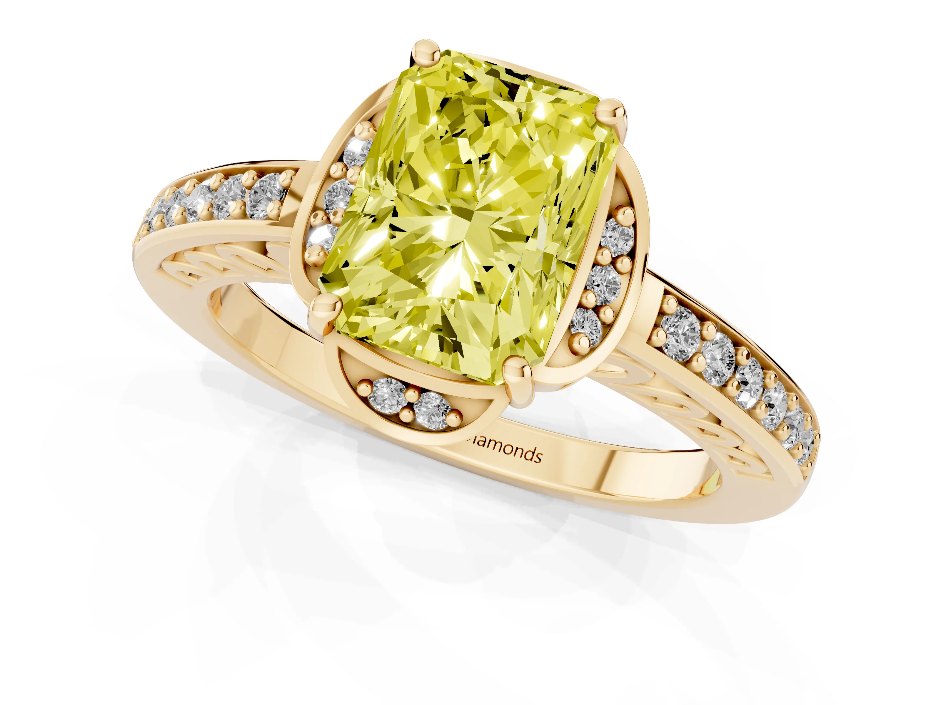 Fancy Yellow Radiant Cut Diamond Halo Ring Set in Yellow gold with Channel Set Band and Prong Setting