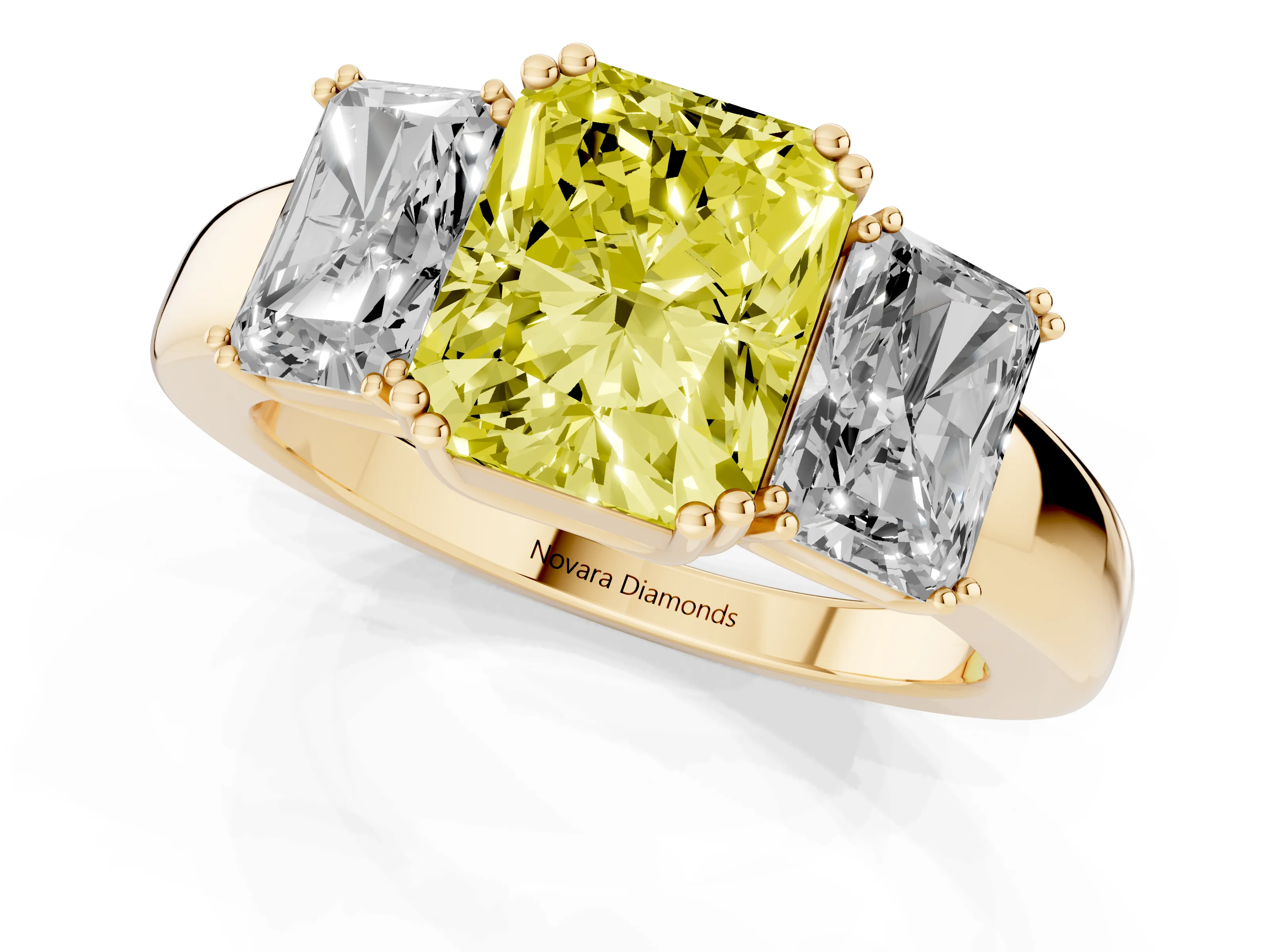 Fancy Yellow Radiant Cut Diamond Three-Stone Ring Set in Yellow gold with Polished Channel-Set Band