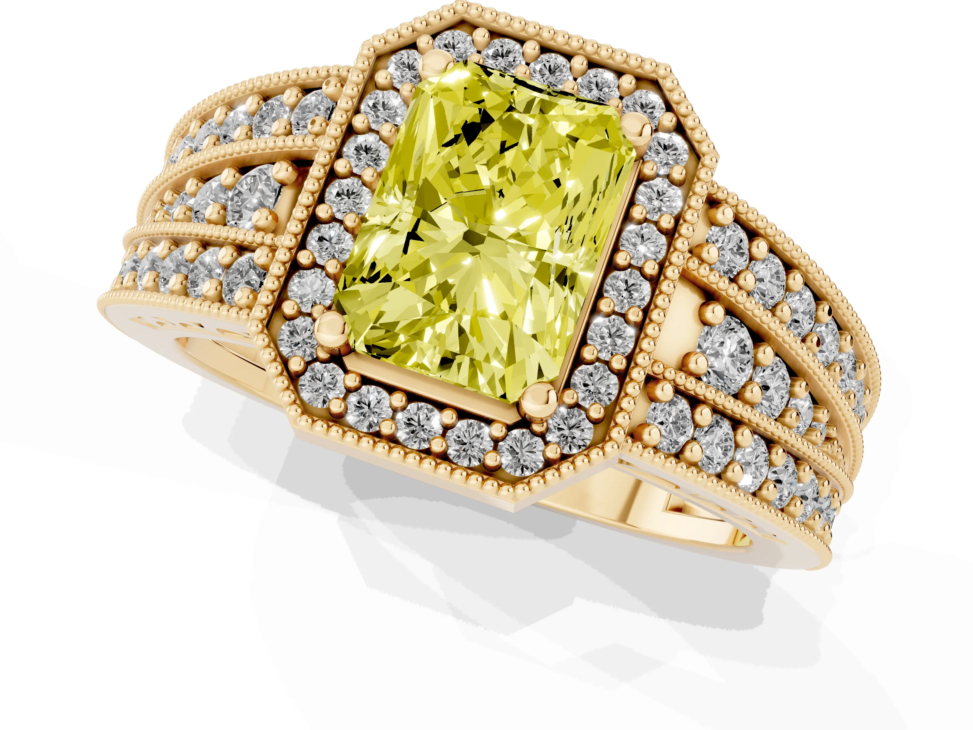 Fancy Yellow Radiant Cut Diamond Halo Ring Set in Yellow gold with Accent Split Shank and Prong Setting