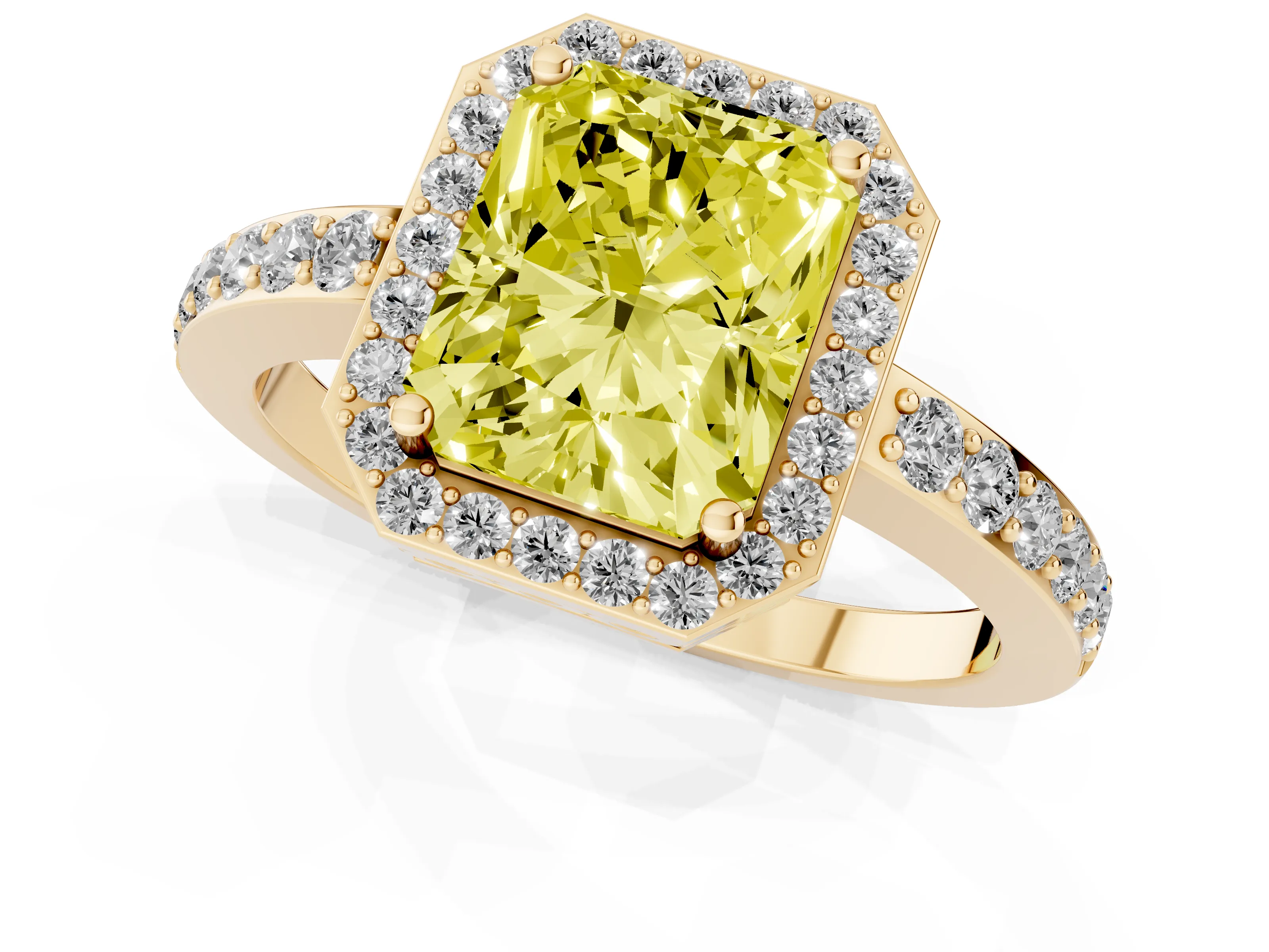 Fancy Yellow Radiant Cut Diamond Halo Ring Set in Yellow gold with Pavé-Setting Band and Open Prong Center
