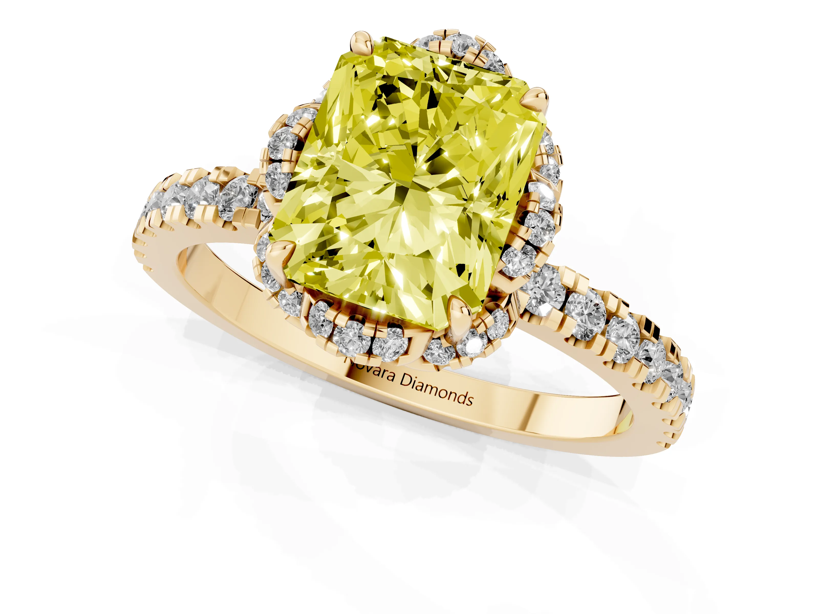 Fancy Yellow Radiant Cut Diamond Halo Pavé Band Ring Set in Yellow gold with Prong-Held Center