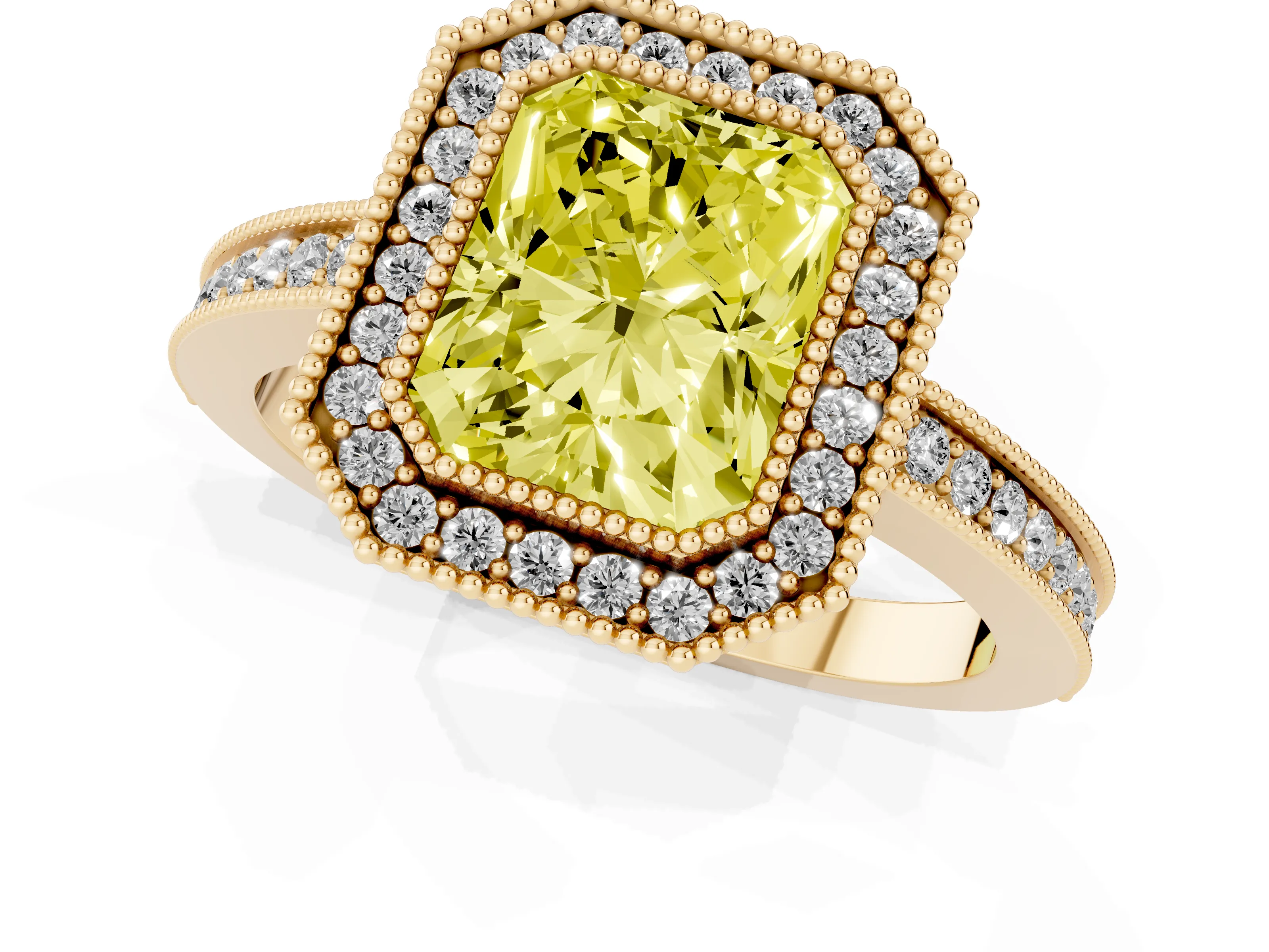 Fancy Yellow Radiant Cut Diamond Halo Ring Set in Yellow gold with Pavé Band and Milgrain-Edged Prongs