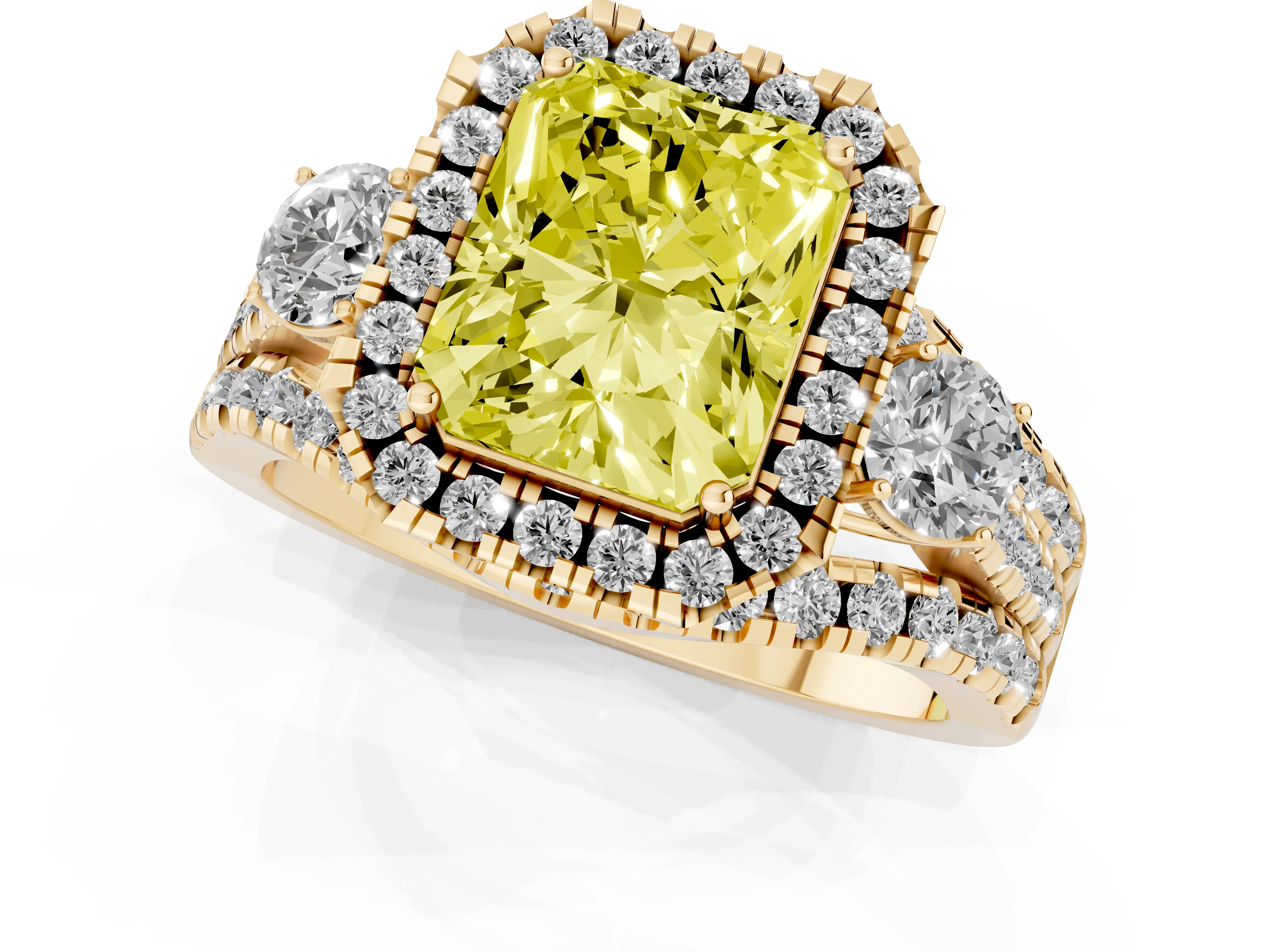 Fancy Yellow Radiant Cut Diamond Halo Split Shank Ring Set in Yellow gold with Round Accent Stones and Prong Setting