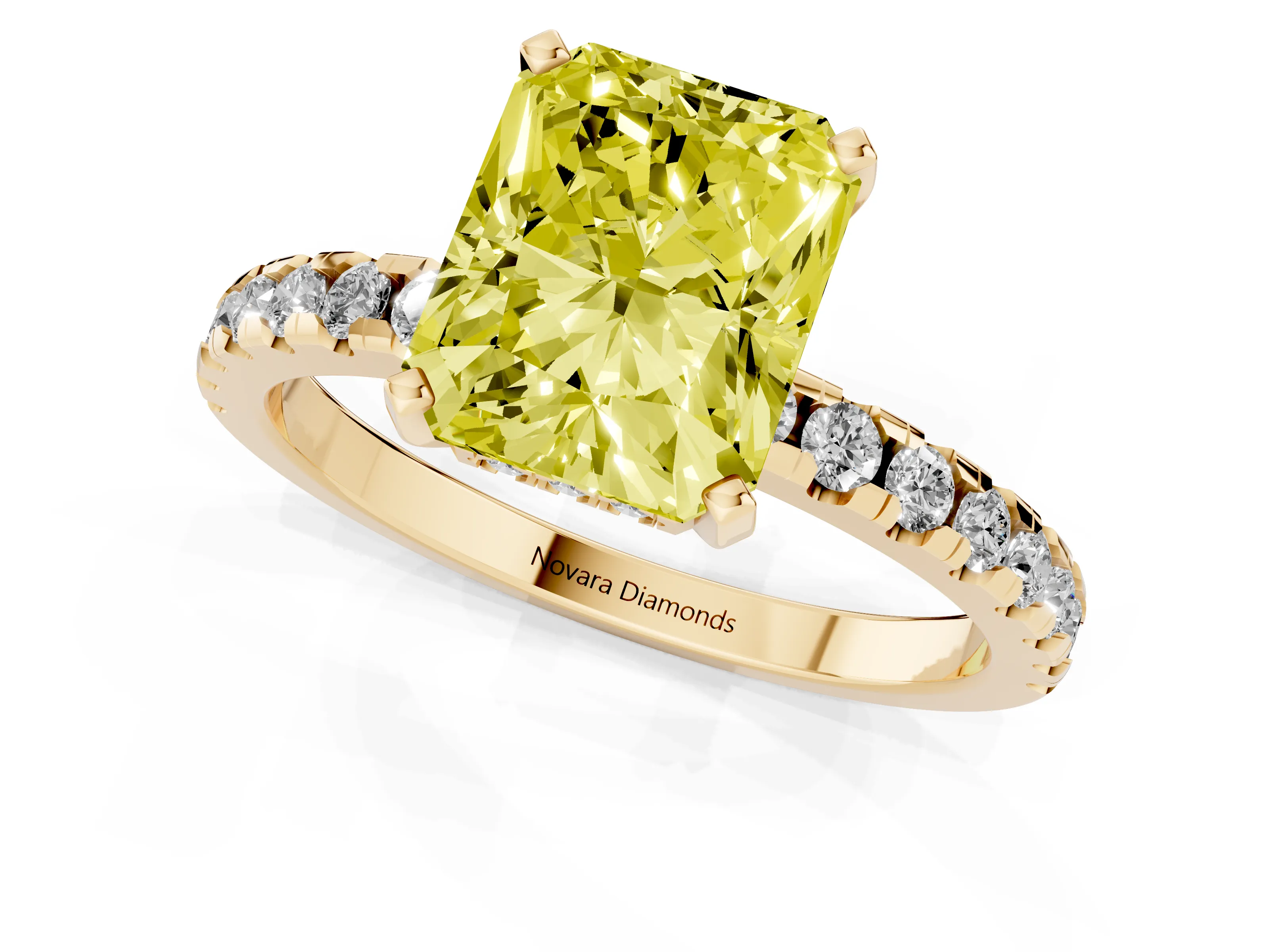 Fancy Yellow Radiant Cut Diamond Pavé Solitaire Ring Set in Yellow gold with Round Band Accents and Prong Setting