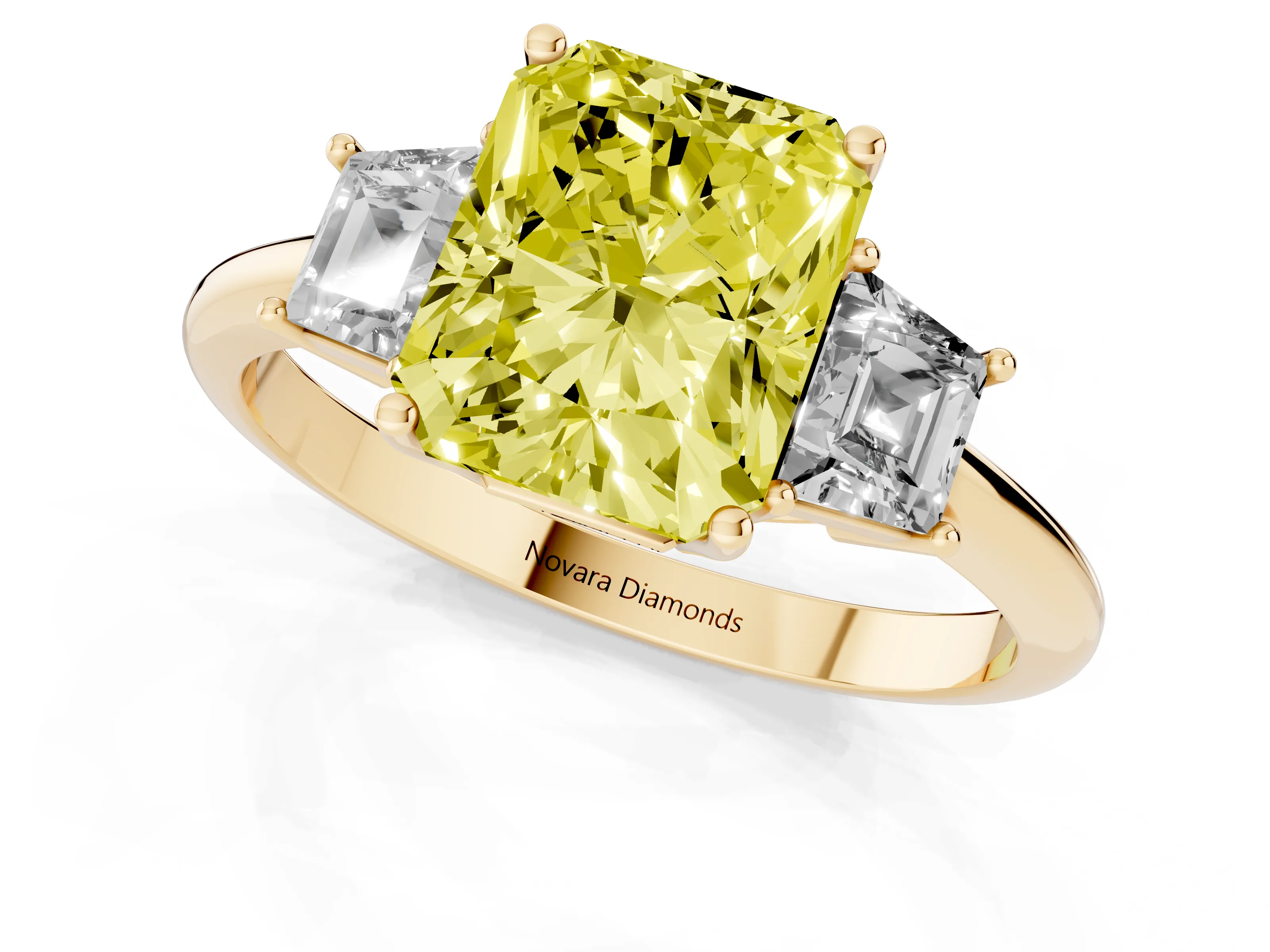 Fancy Yellow Radiant Cut Diamond Three-Stone Ring Set in Yellow gold with Trapezoid Side Stones and Prong Setting