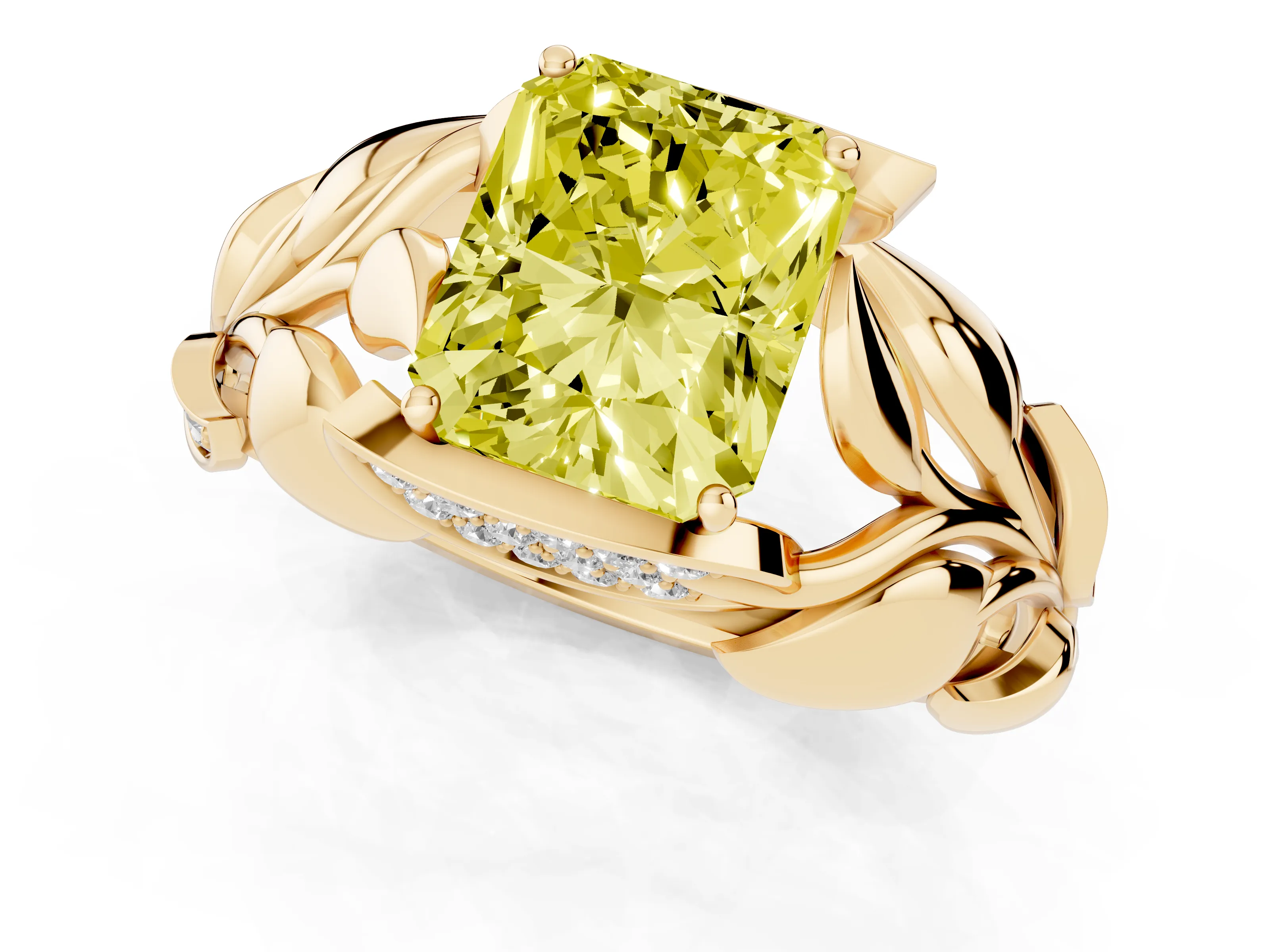 Fancy Yellow Radiant Cut Diamond Leaf-Inspired Engagement Ring Set in Yellow gold with Round Accents – second view