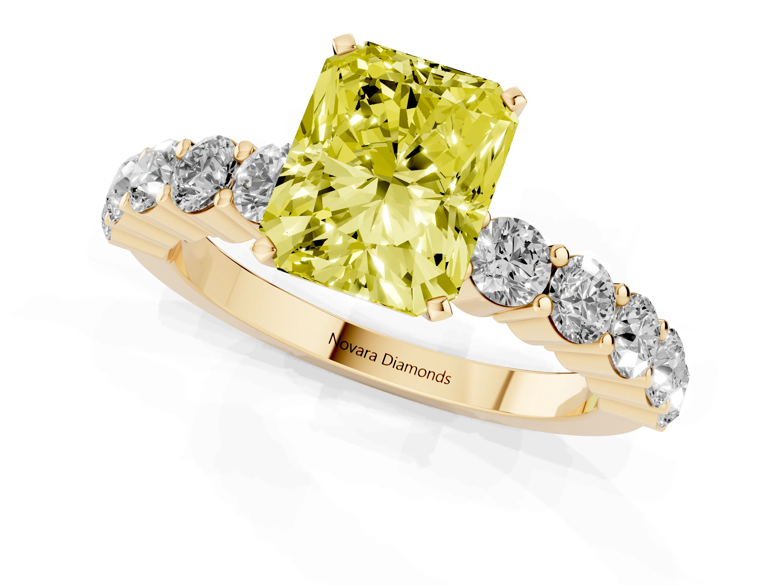 Fancy Yellow Radiant Cut Diamond Solitaire Ring Set in Yellow gold with Shared Prong Round Side Stones