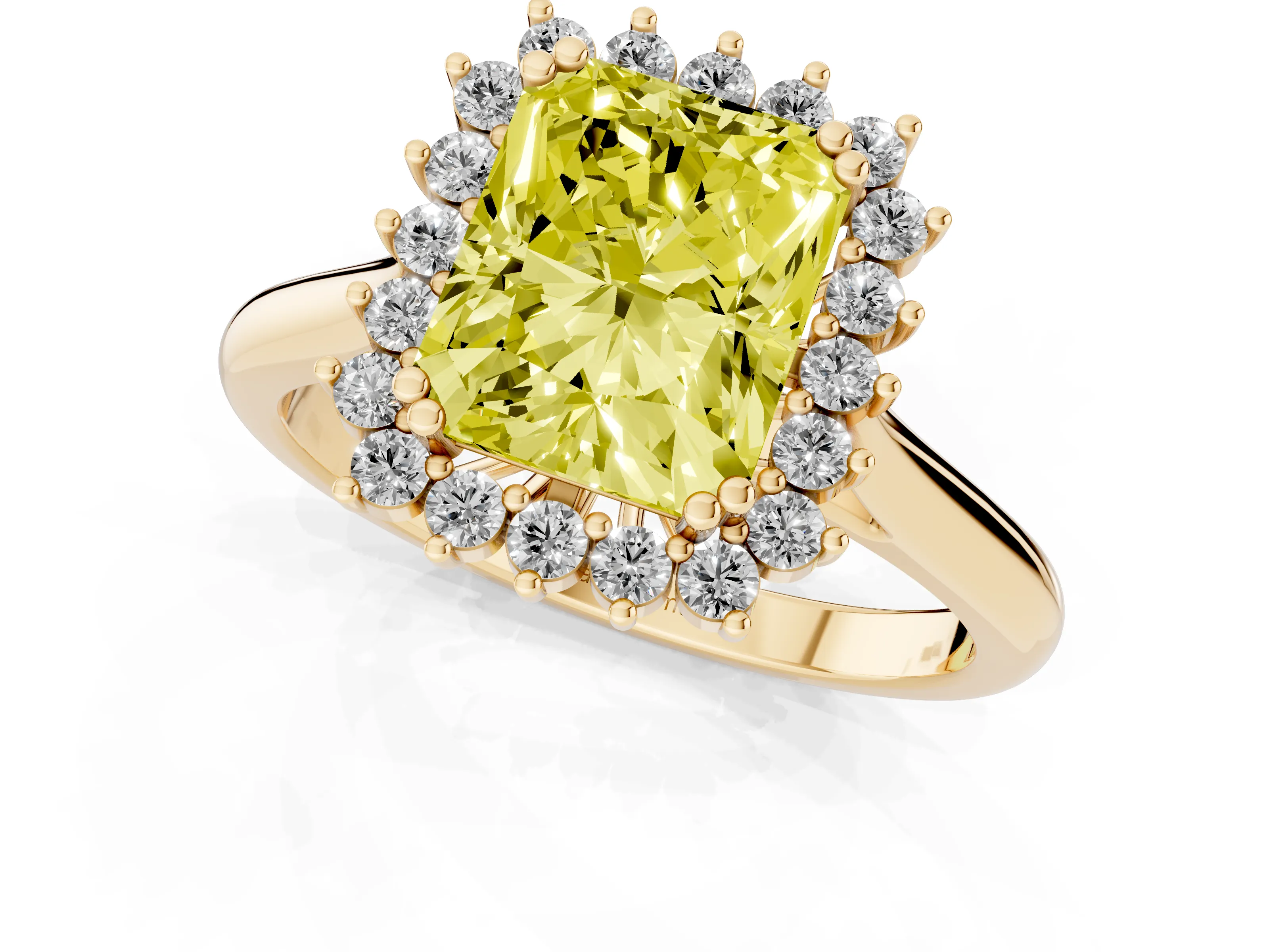 Fancy Yellow Radiant Cut Diamond Halo Ring Set in Yellow gold with Plain Solitaire Band and Prong Setting