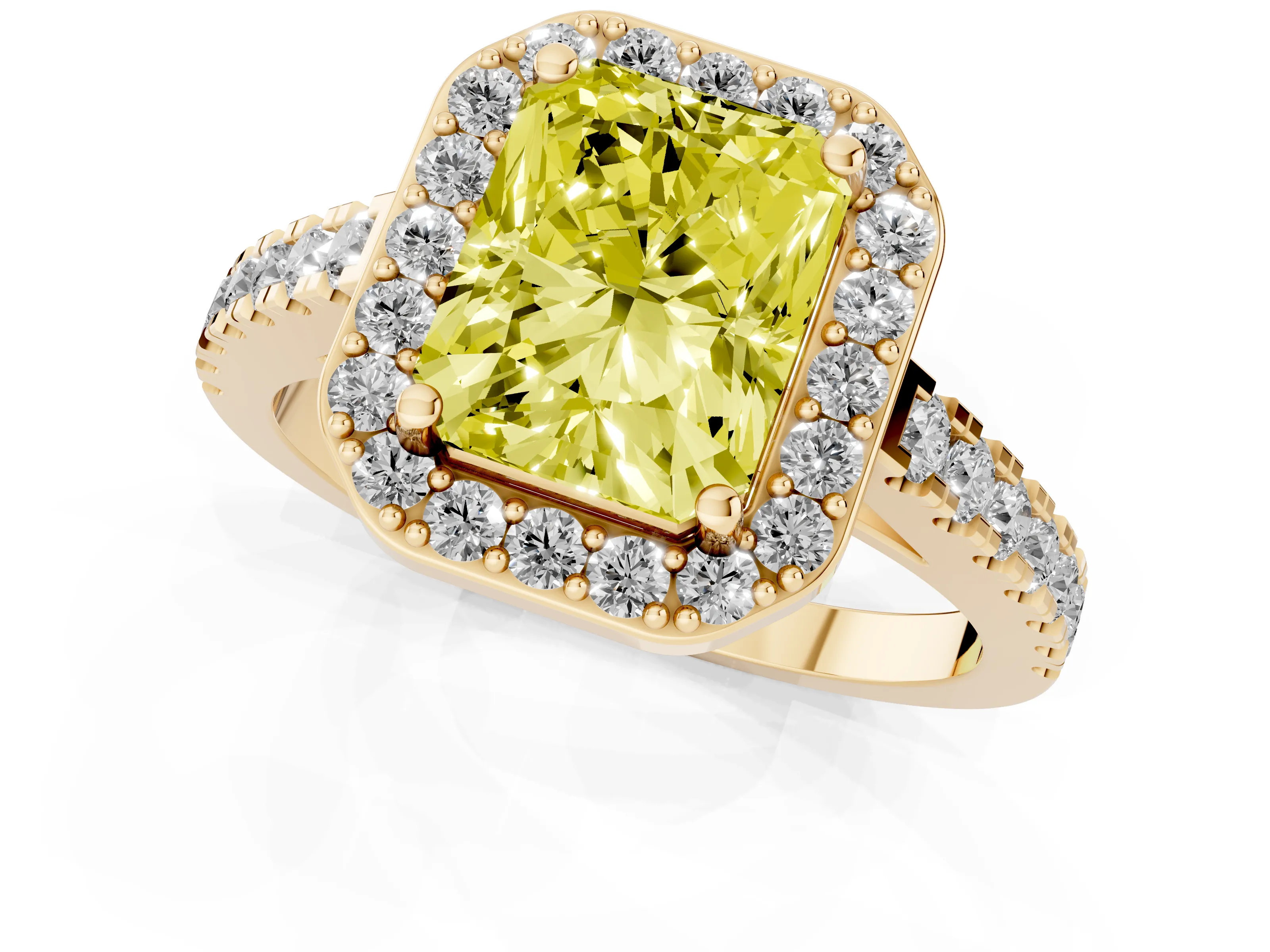 Fancy Yellow Radiant Cut Diamond Halo Ring Set in Yellow gold with Round Pavé Split Shank and Prong Setting