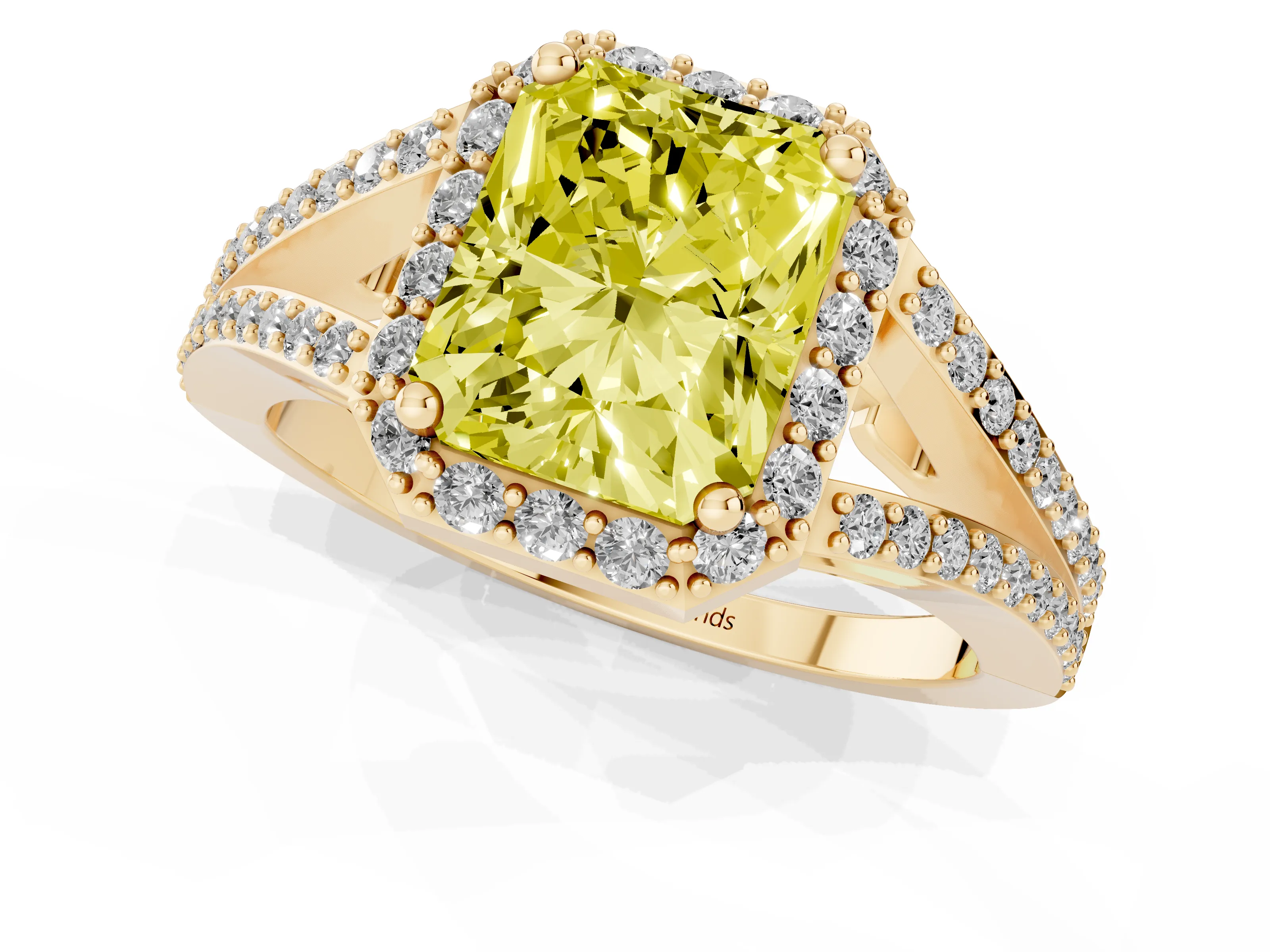 Fancy Yellow Radiant Cut Diamond Halo Split Shank Pavé Ring Set in Yellow gold with Prong Setting