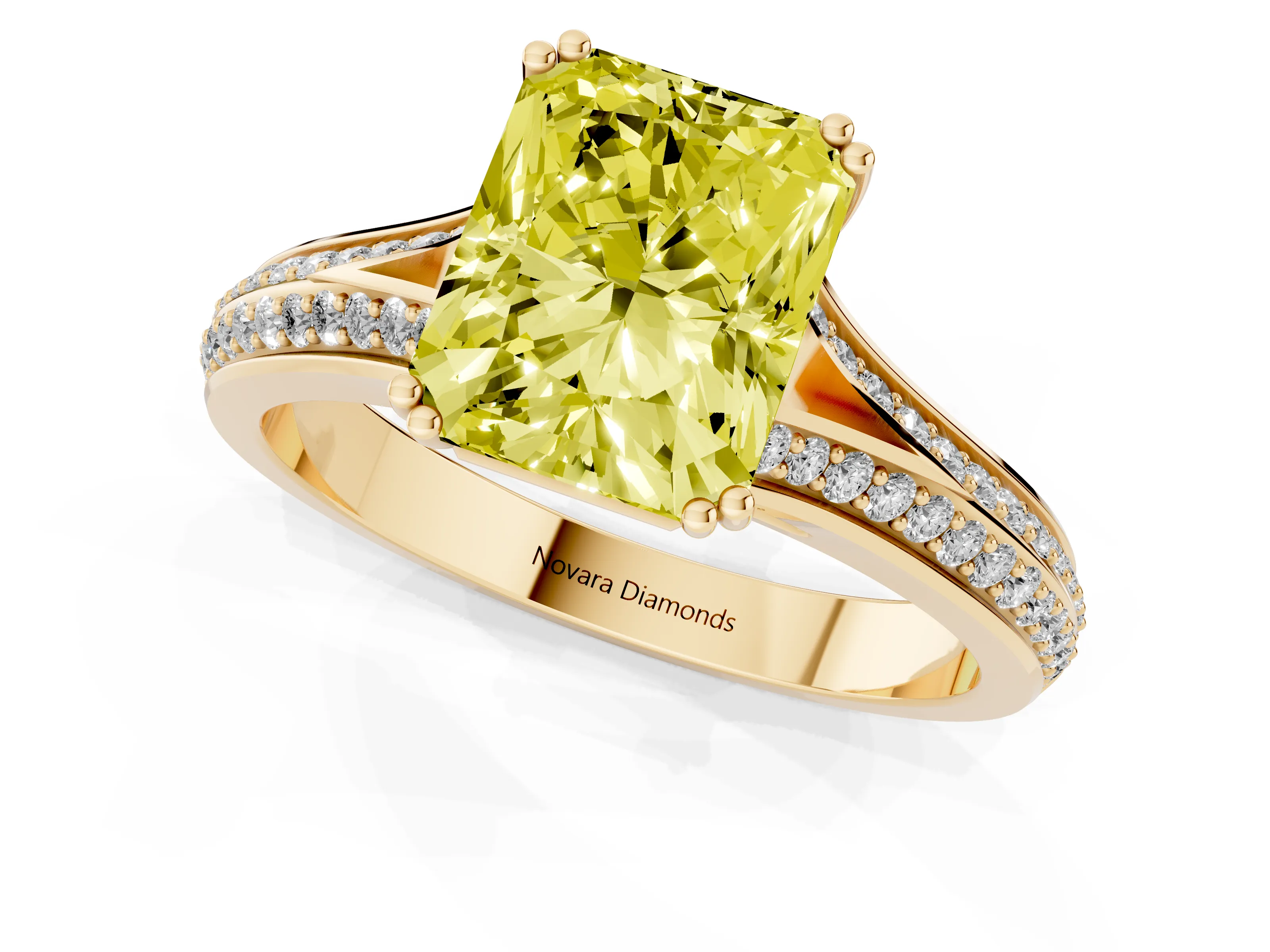 Fancy Yellow Radiant Cut Diamond Split Shank Pavé Engagement Ring Set in Yellow gold with Prong-Set Center Stone