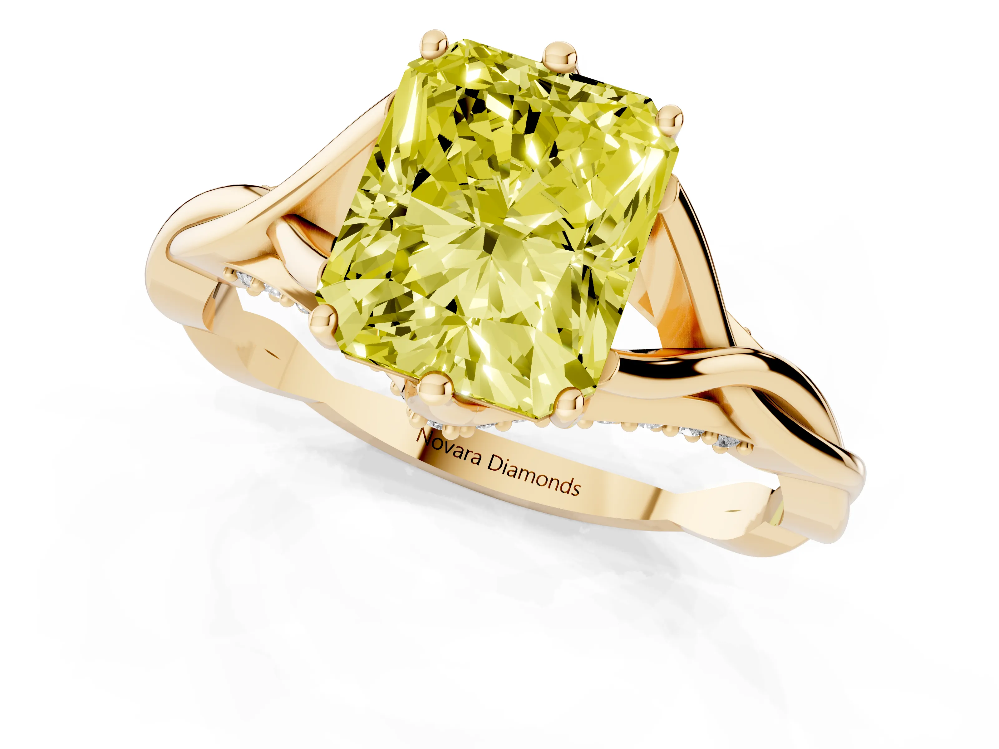Fancy Yellow Radiant Cut Diamond Intertwined Twist Band Solitaire Ring Set in Yellow gold with Prong Setting