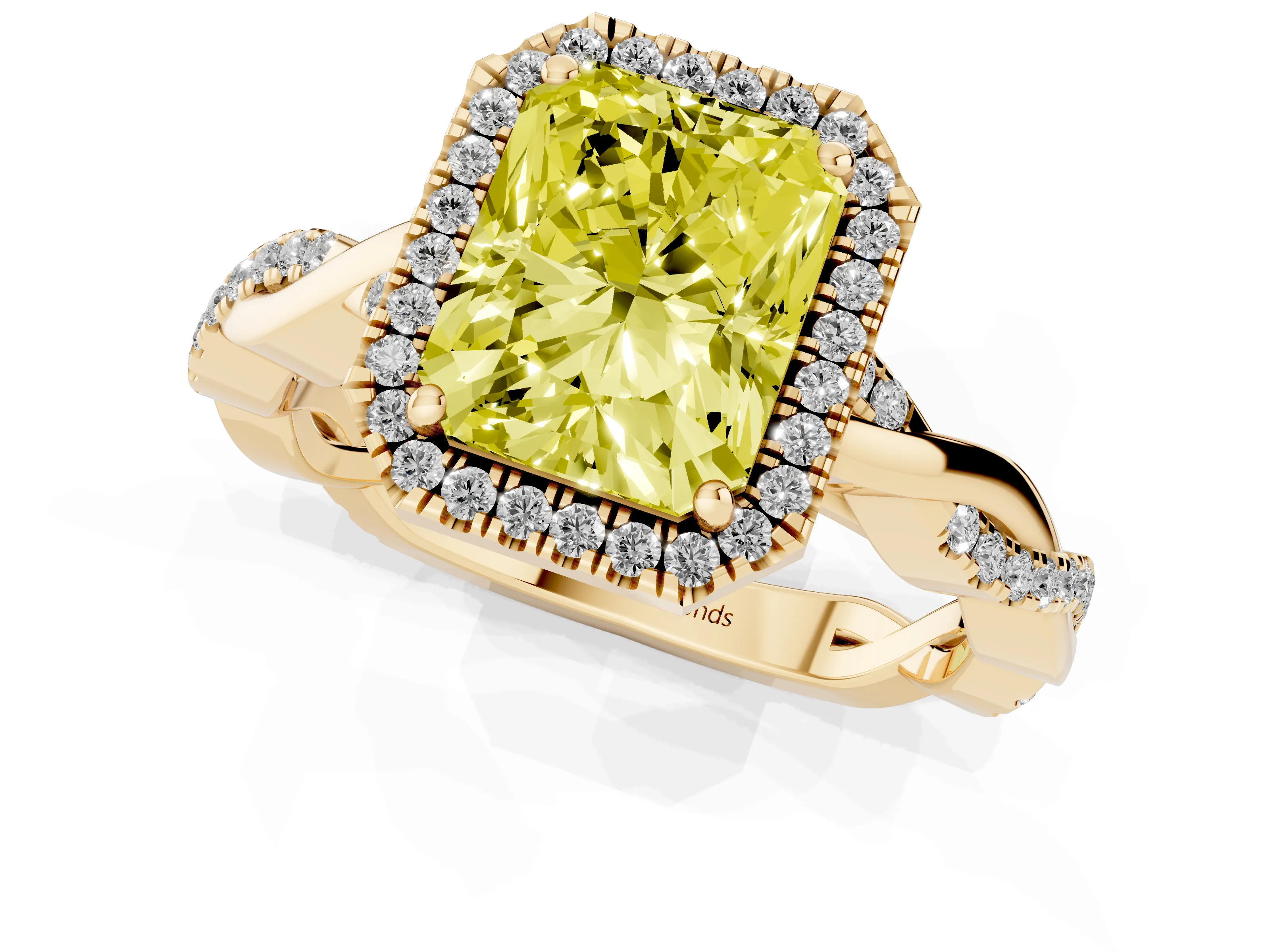 Fancy Yellow Radiant Cut Diamond Halo Twisted Band Ring Set in Yellow gold with Prong Setting