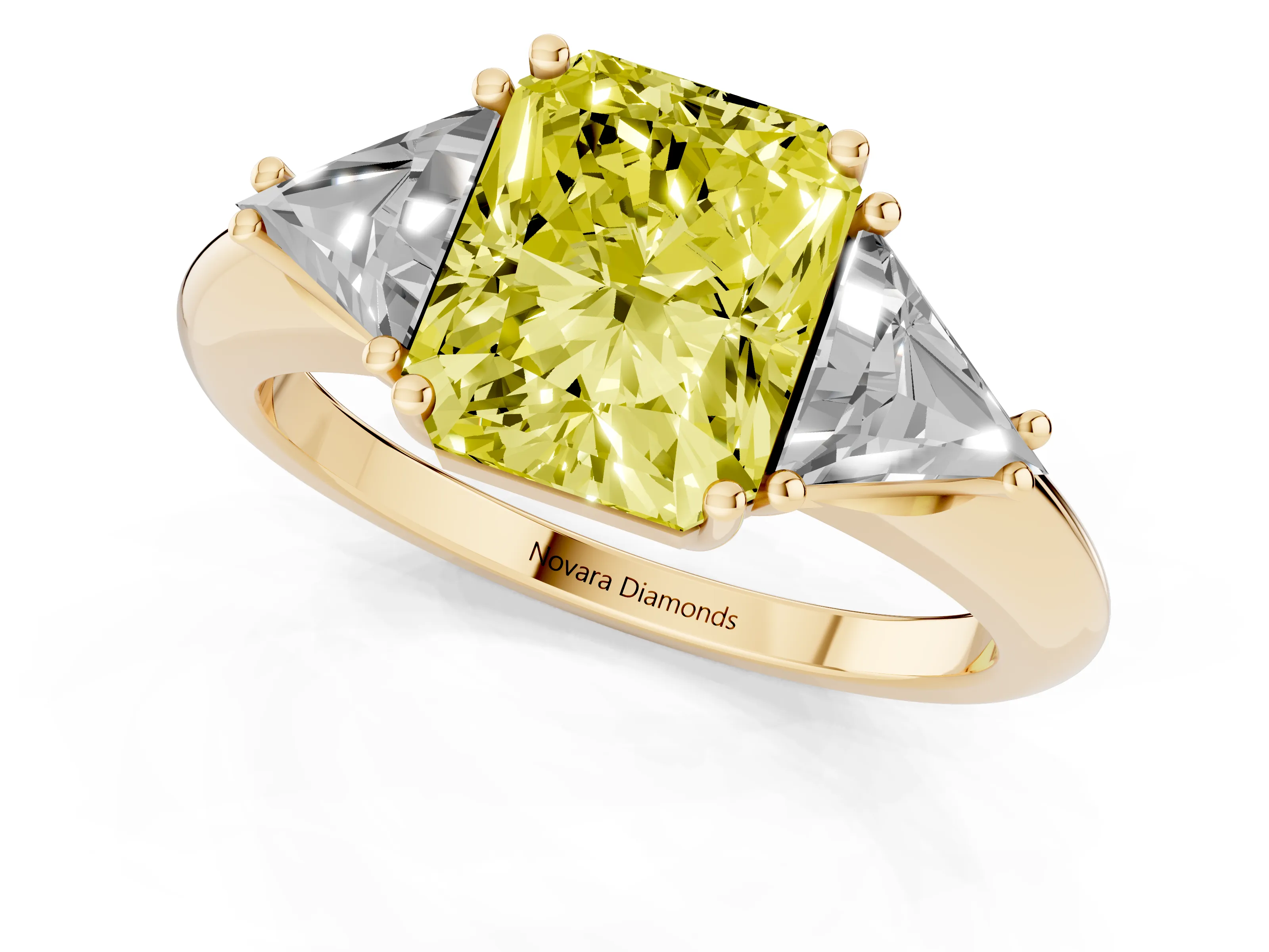 Fancy Yellow Radiant Cut Diamond Three-Stone Engagement Ring Set in Yellow gold with Trillion Side Stones