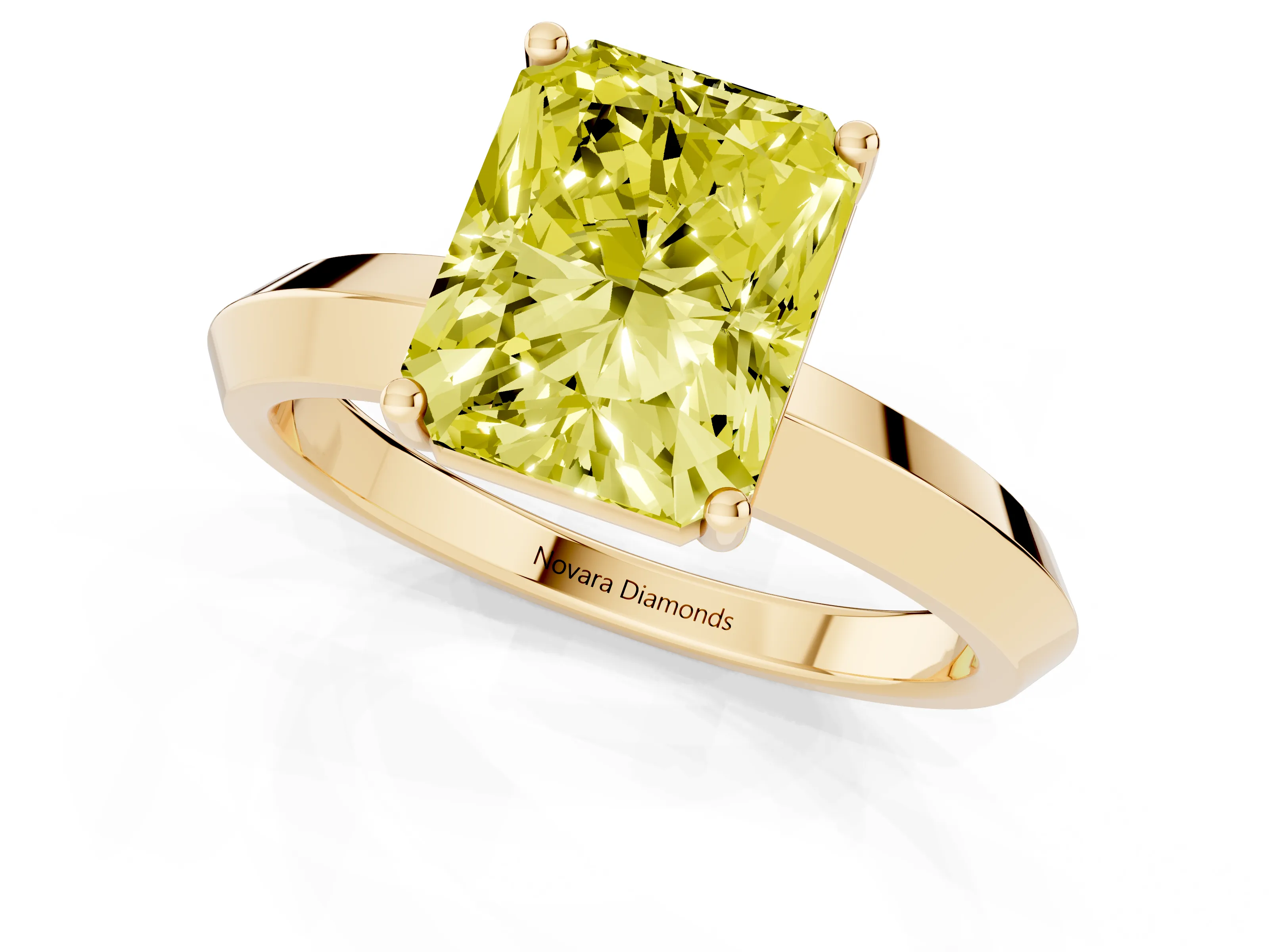 Fancy Yellow Radiant Cut Diamond Solitaire Engagement Ring Set in Yellow gold with Flat Band and Prong Setting