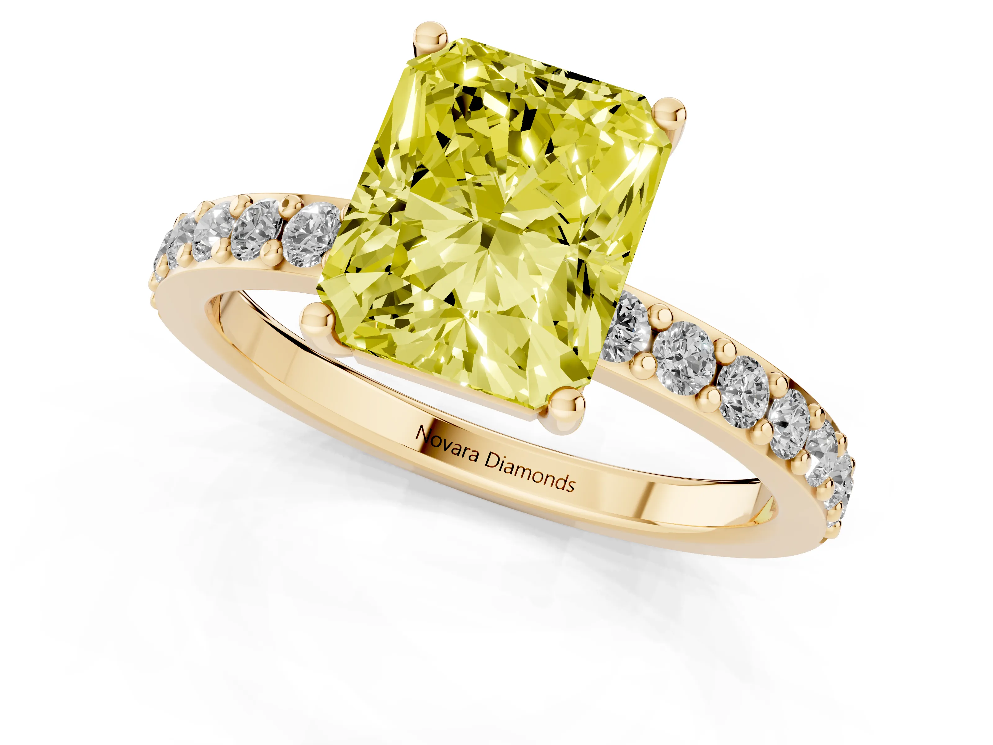 Fancy Yellow Radiant Cut Diamond Solitaire Set in Yellow gold with Round Pavé Band and Prong Setting