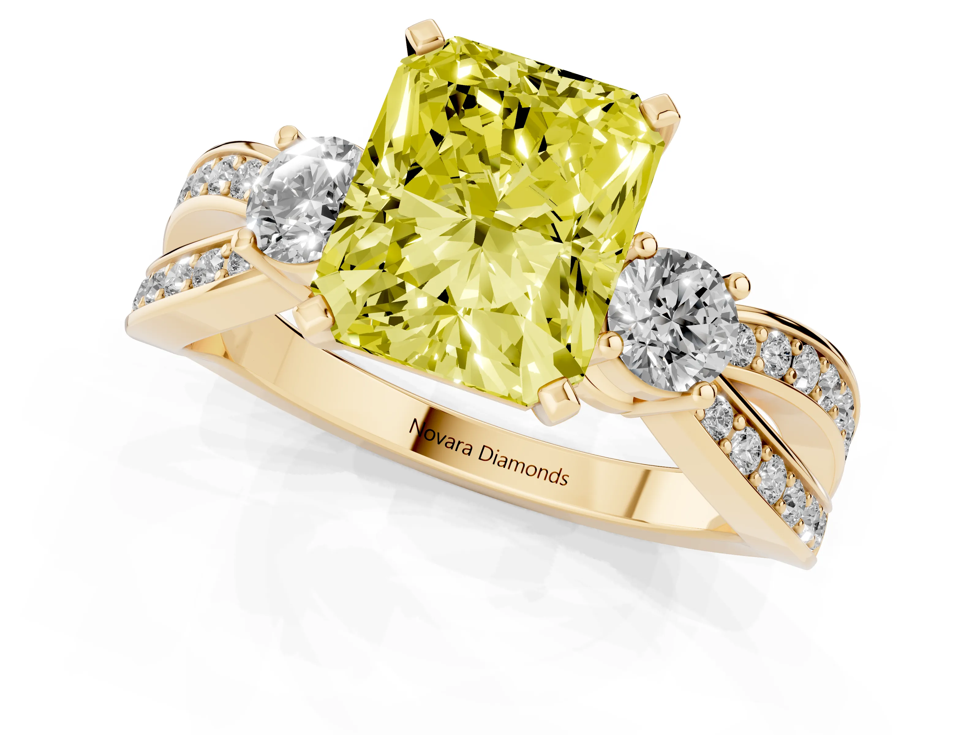 Fancy Yellow Three-Stone Radiant Cut Diamond Twist Band Ring Set in Yellow gold with Pavé Accents and Prong Setting