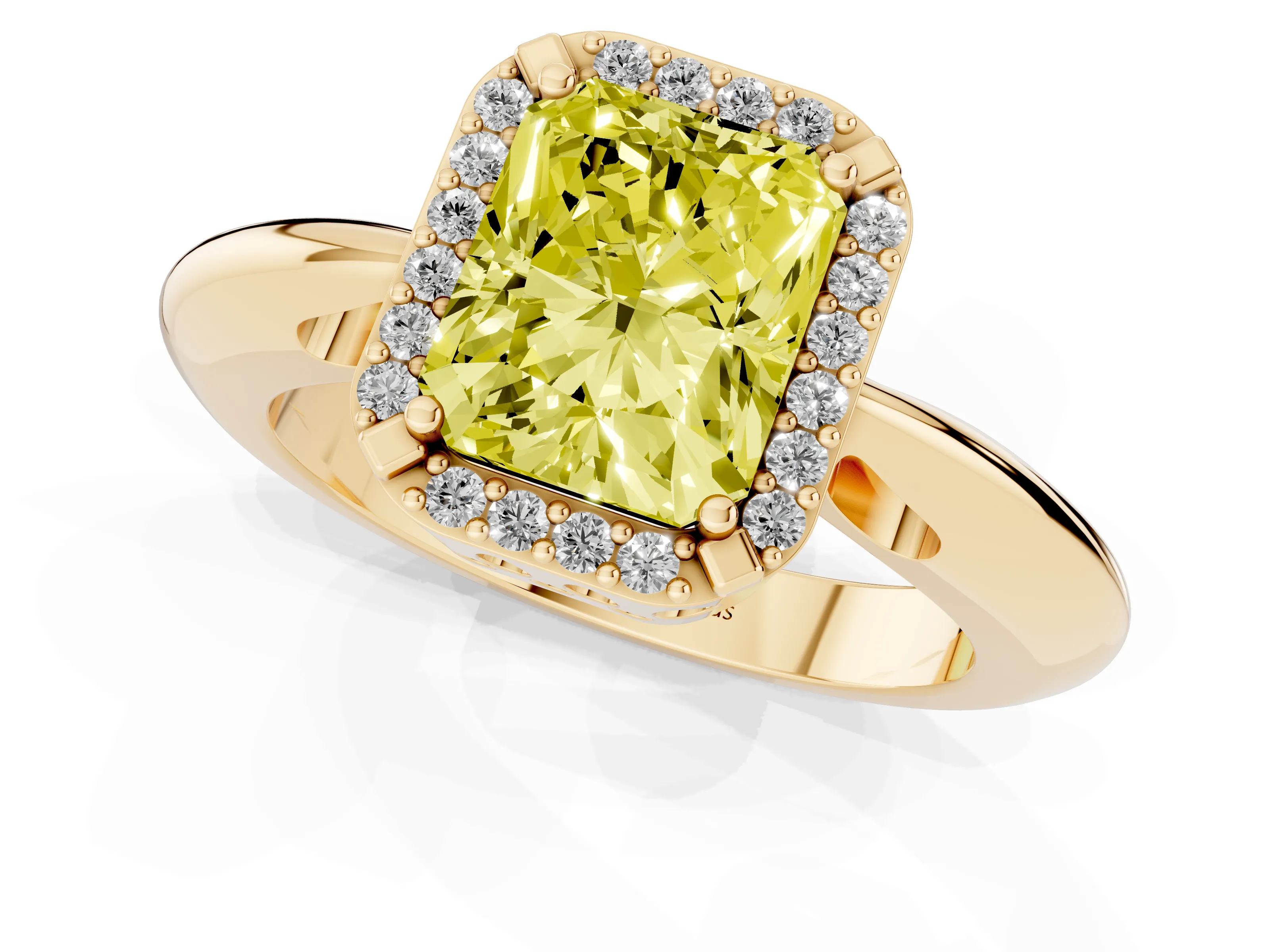 Fancy Yellow Radiant Cut Diamond Halo Engagement Ring Set in Yellow gold with Plain Split Shank and Prong Setting