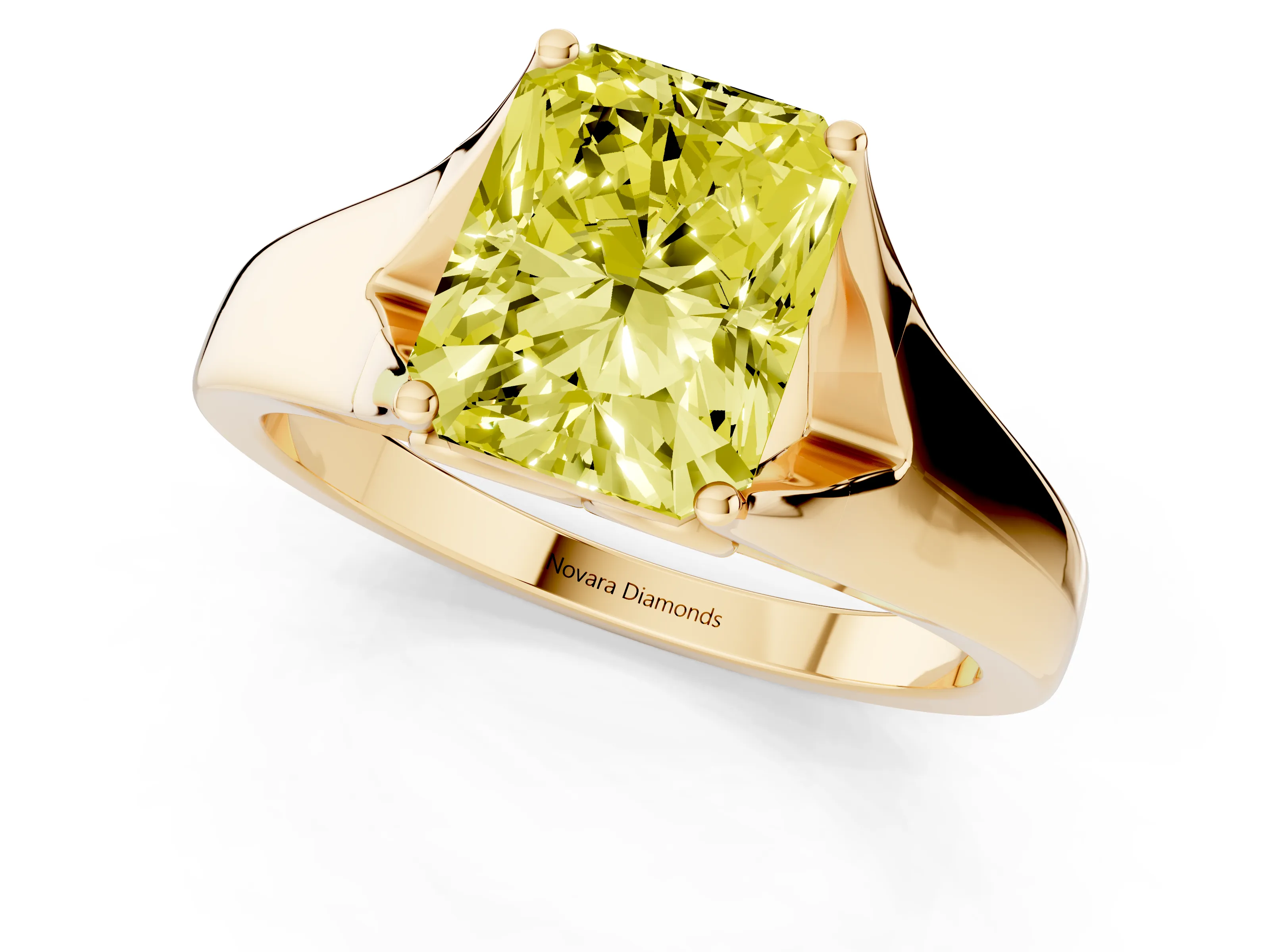 Fancy Yellow Radiant Cut Diamond Solitaire Ring Set in Yellow gold with Arched Cathedral Band and Prong Setting
