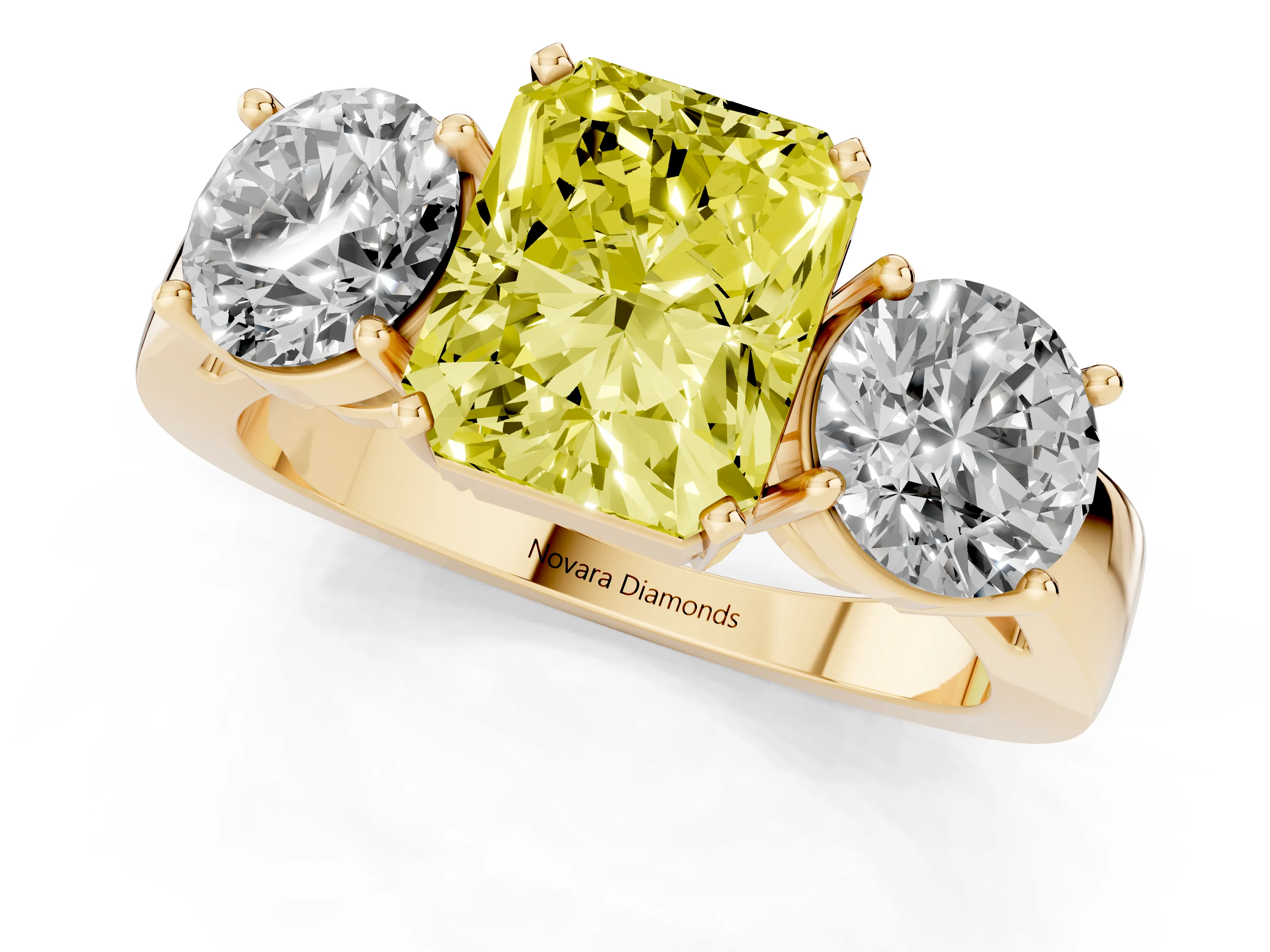 Fancy Yellow Radiant Cut Diamond Three-Stone Ring Set in Yellow gold with Round Side Stones and Classic Band