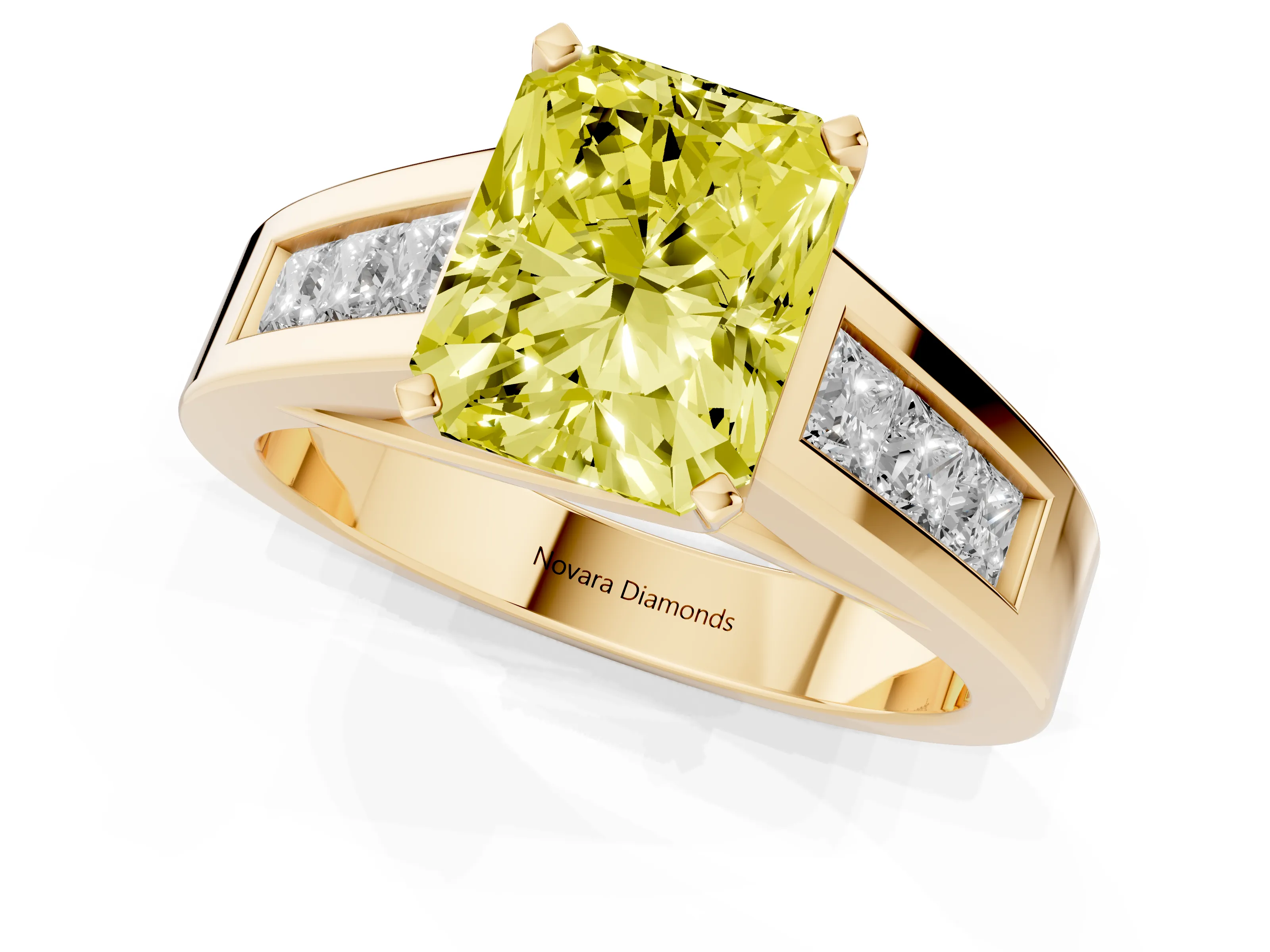 Fancy Yellow Radiant Cut Diamond Solitaire Ring Set in Yellow gold with Channel-Set Accent Stones and Prong Setting