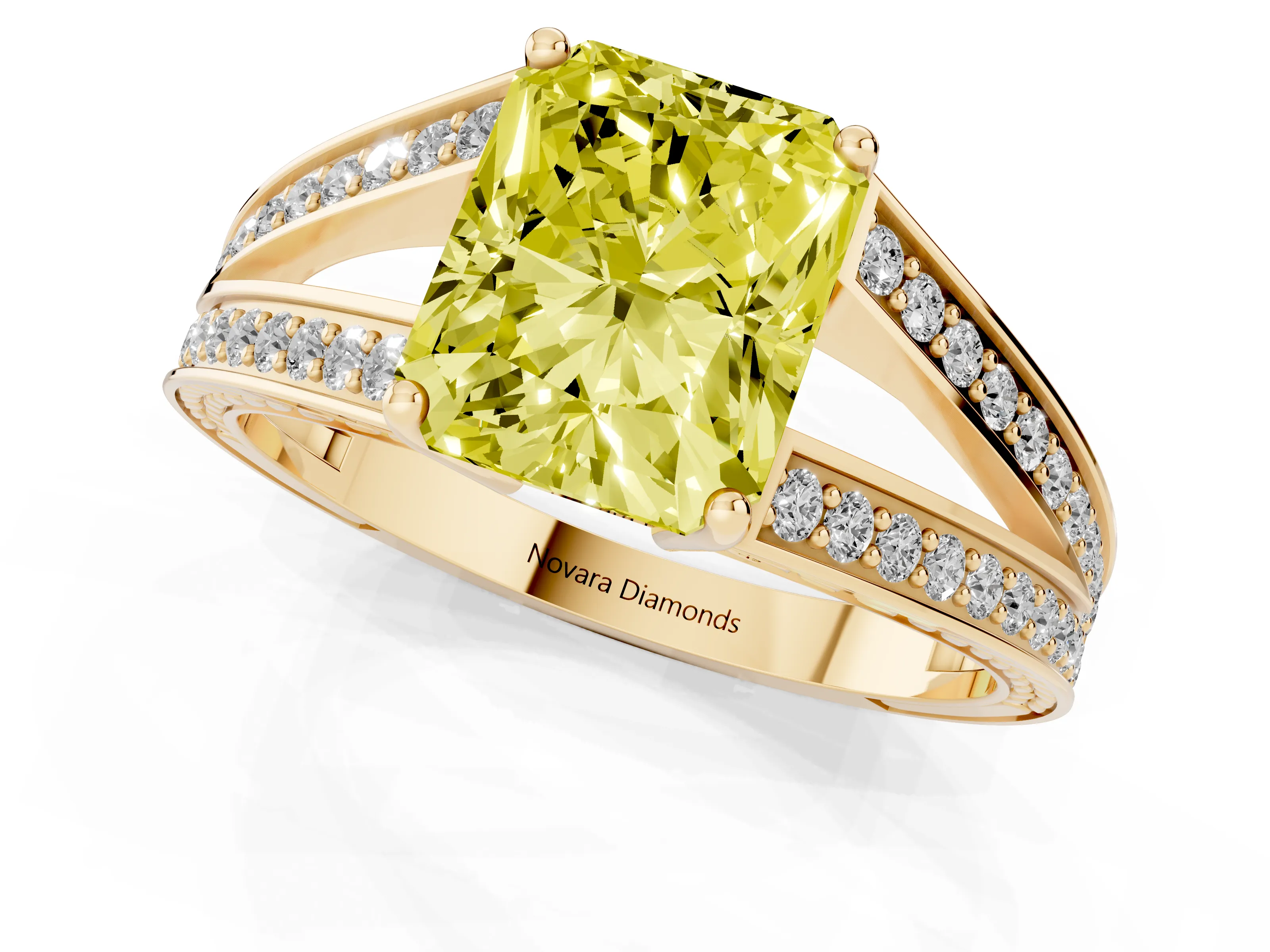 Fancy Yellow Radiant Cut Diamond Split Shank Ring Set in Yellow gold with Pavé Band and Prong Setting
