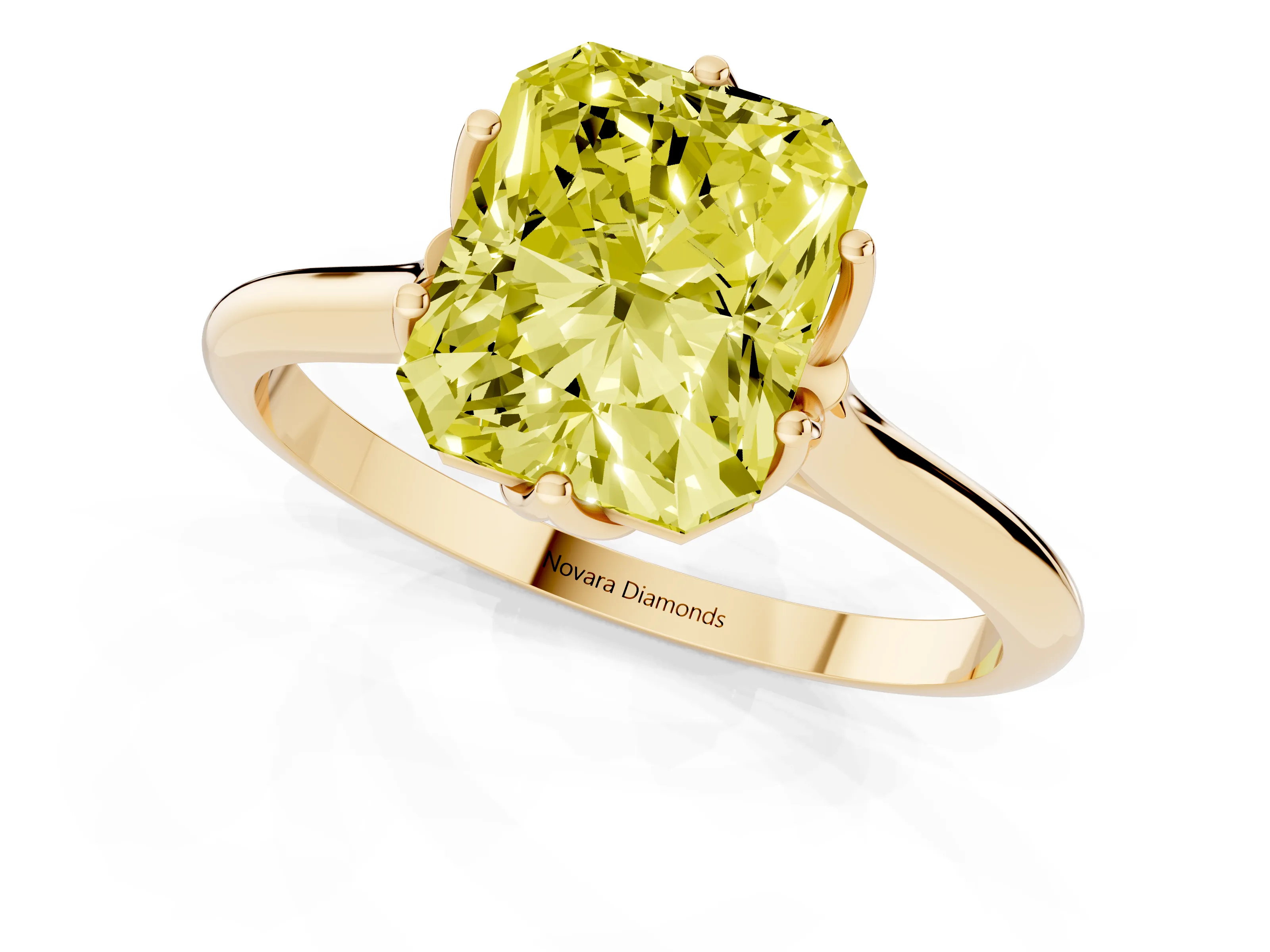 Fancy Yellow Radiant Cut Diamond Solitaire Cathedral Ring Set in Yellow gold with Prong Setting
