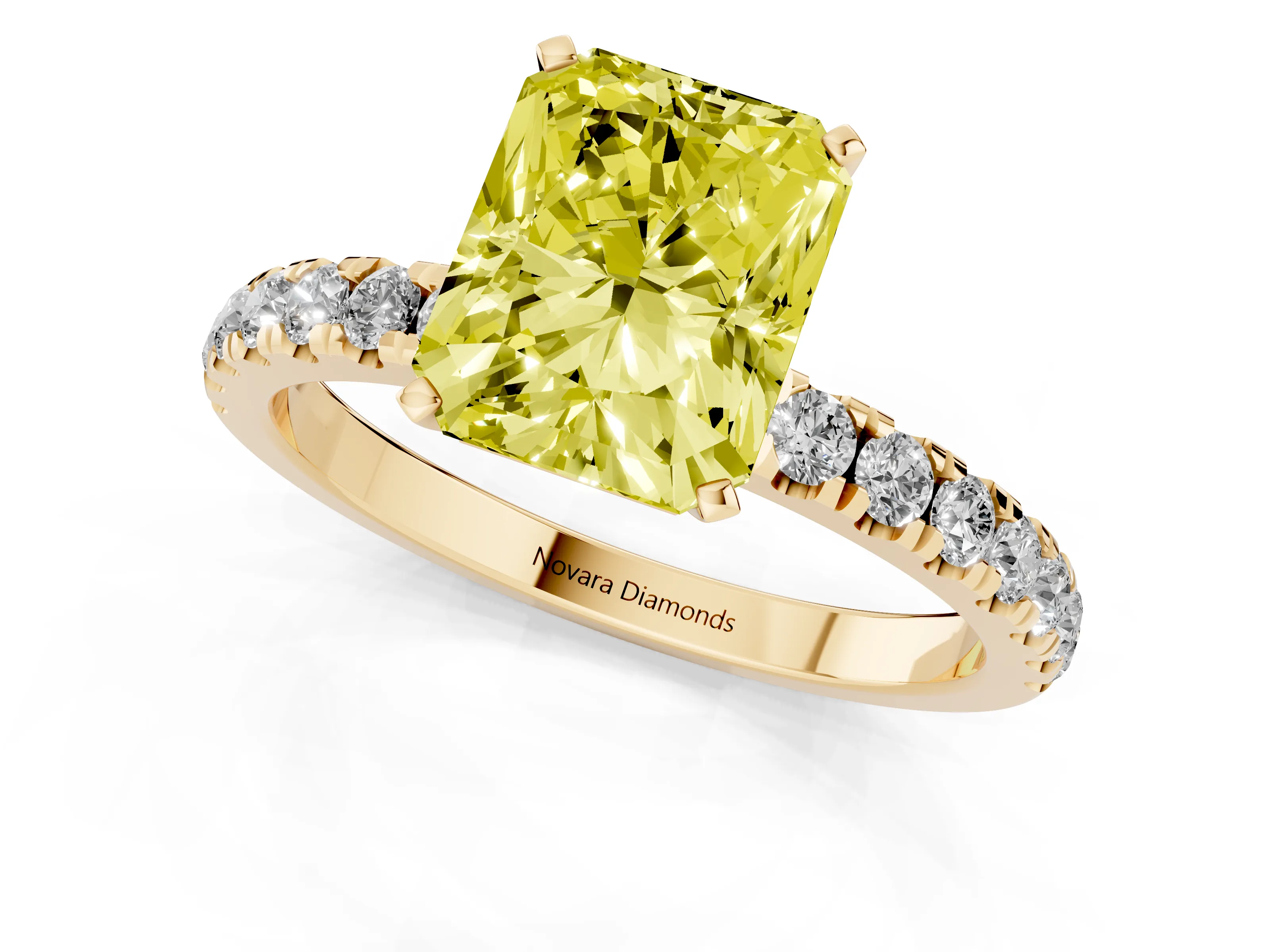 Fancy Yellow Radiant Cut Diamond Solitaire Ring Set in Yellow gold with Pavé Accents and Prong Setting