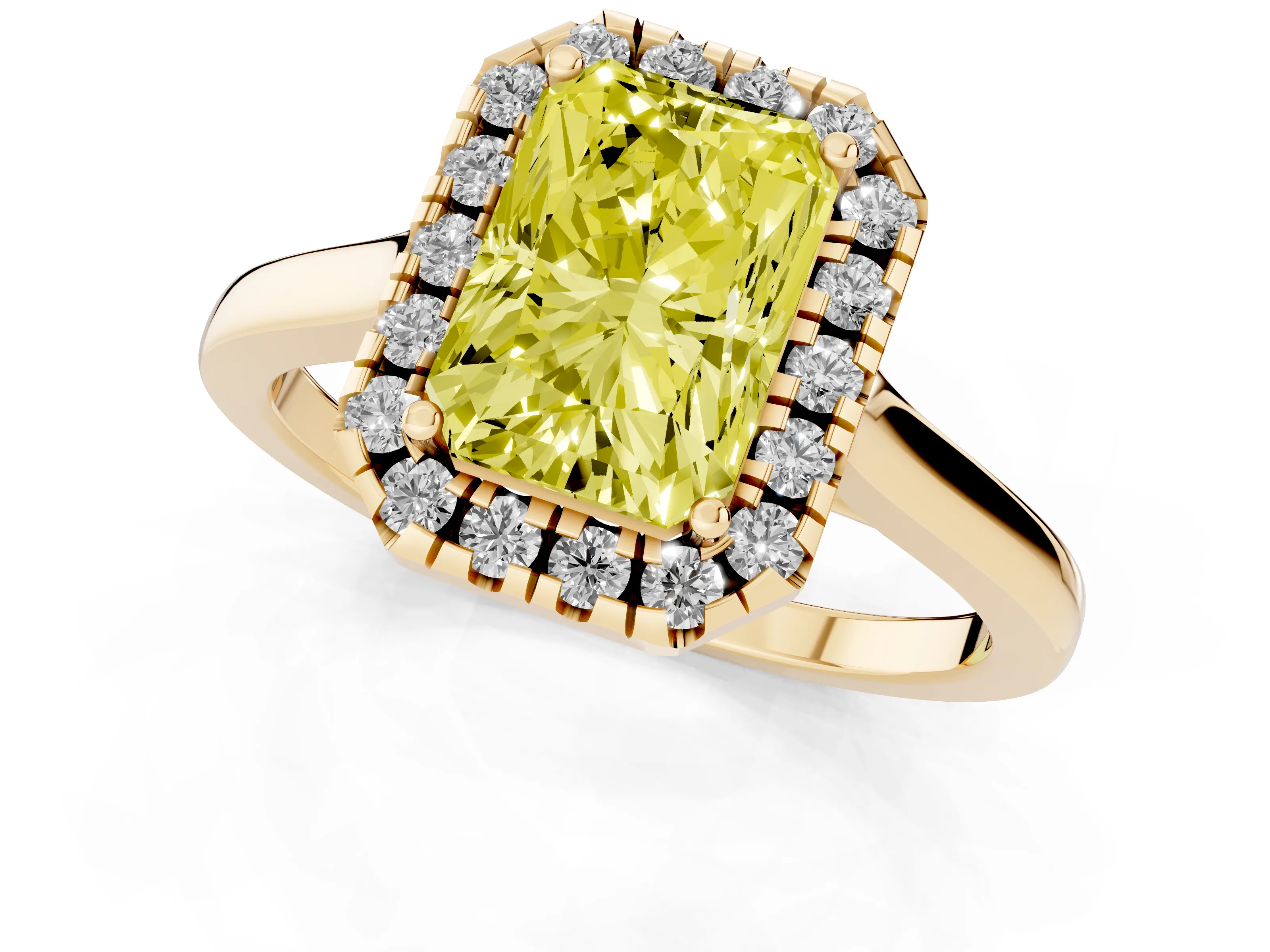 Fancy Yellow Radiant Cut Halo Round Diamond Solitaire Ring Set in Yellow gold with Pavé Band and Prong Setting