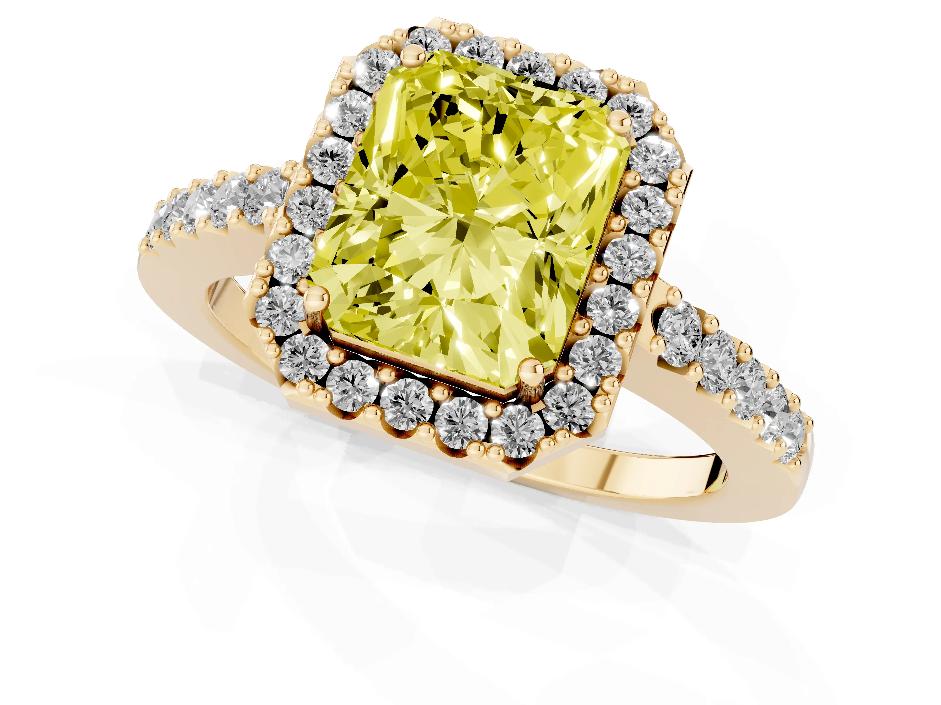 Fancy Yellow Radiant Cut Diamond Halo Pavé Solitaire Ring Set in Yellow gold with Prong-Set Center Stone