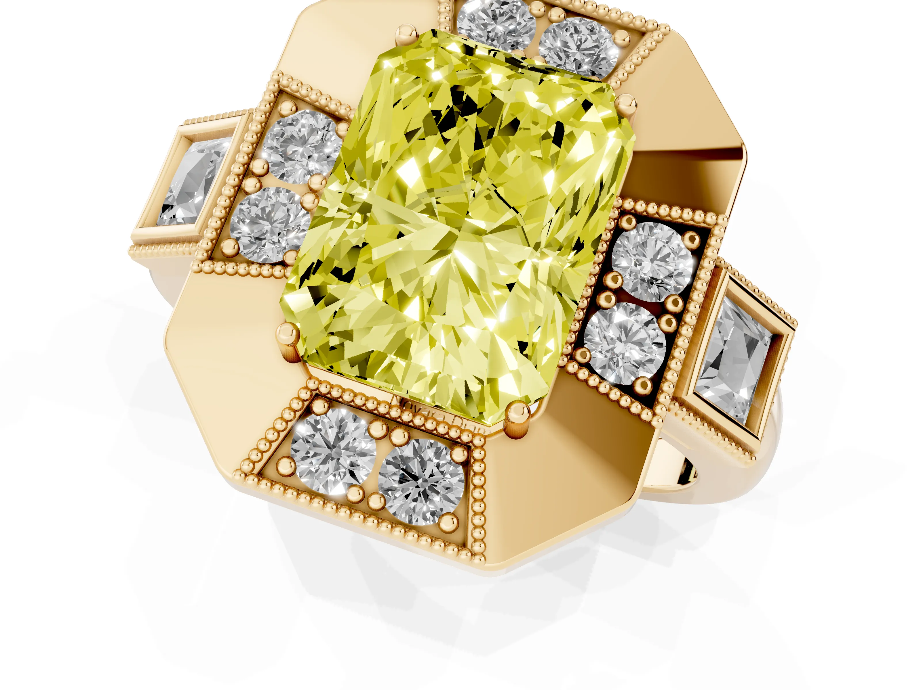Fancy Yellow Radiant Cut Diamond Milgrain Halo Ring Set in Yellow gold with Split Shank
