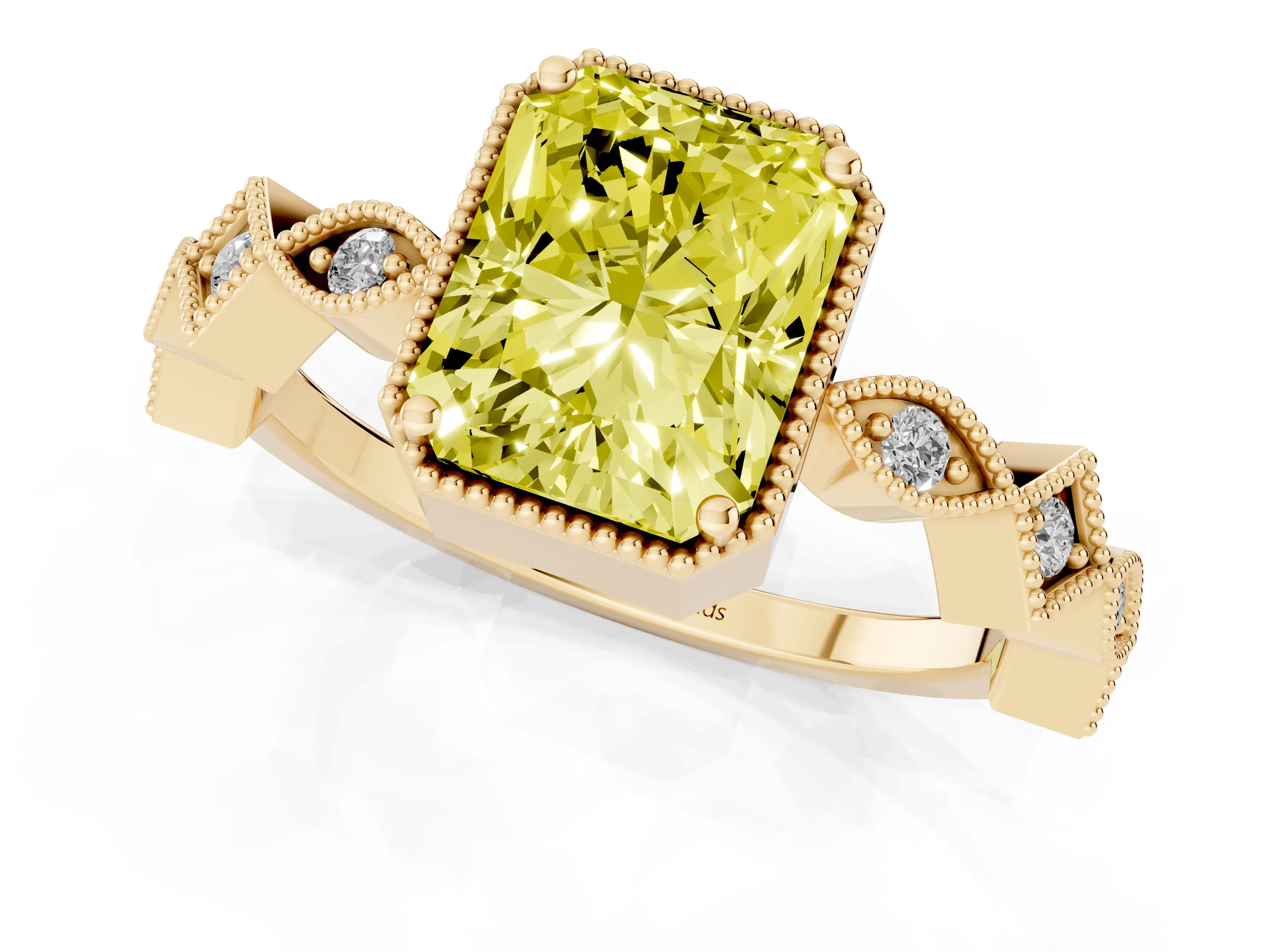 Fancy Yellow Radiant Cut Diamond Milgrain Marquise Twist Band Ring Set in Yellow gold with Prong Setting