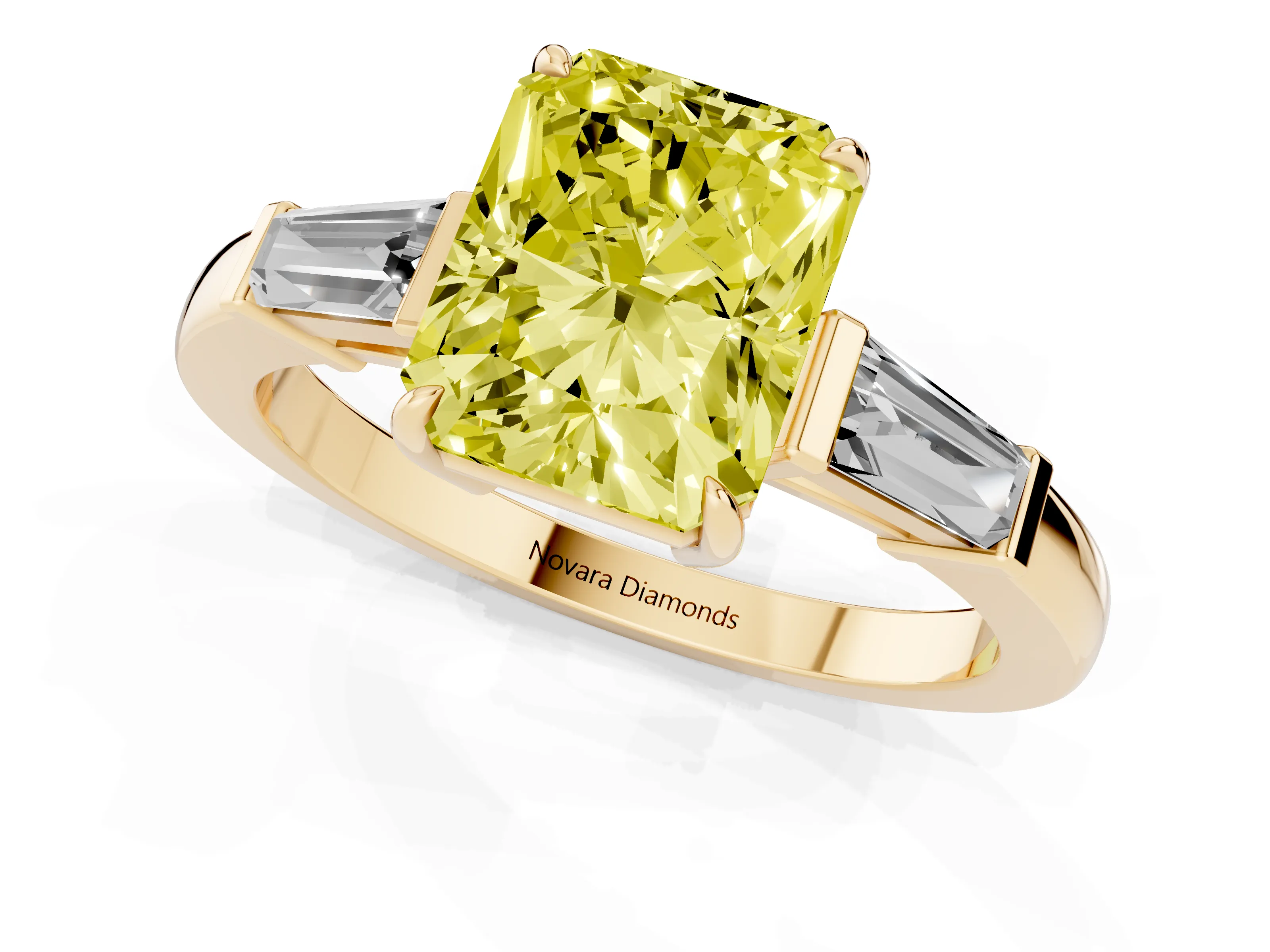 Fancy Yellow Radiant Cut Diamond Three-Stone Ring Set in Yellow gold with Tapered Baguette Side Stones and Prong Setting
