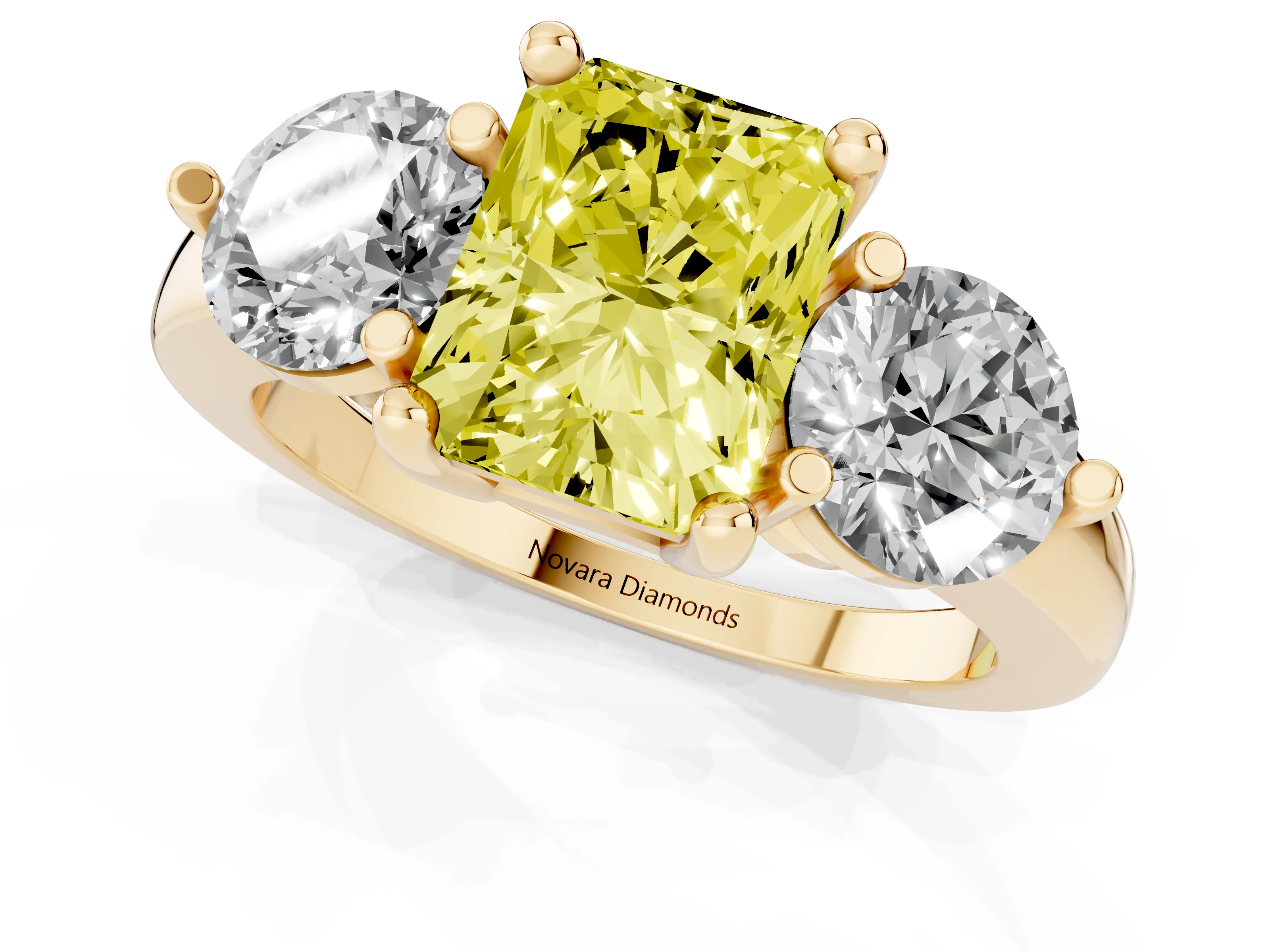 Fancy Yellow Radiant Cut Diamond Three-Stone Ring Set in Yellow gold with Prong Setting and Classic Band