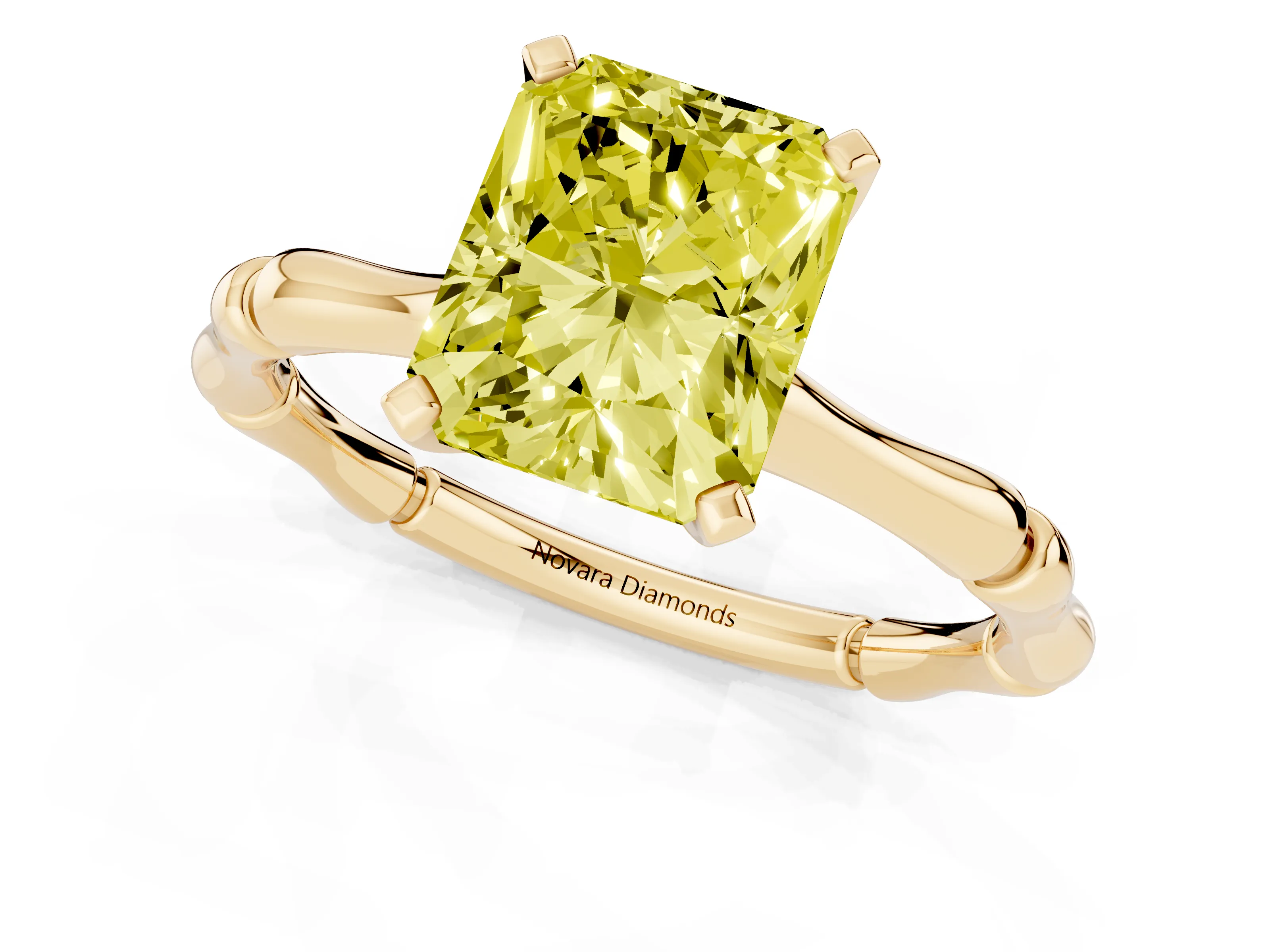 Fancy Yellow Radiant Cut Diamond Solitaire Ring Set in Yellow gold with Bamboo Band and Prong Setting